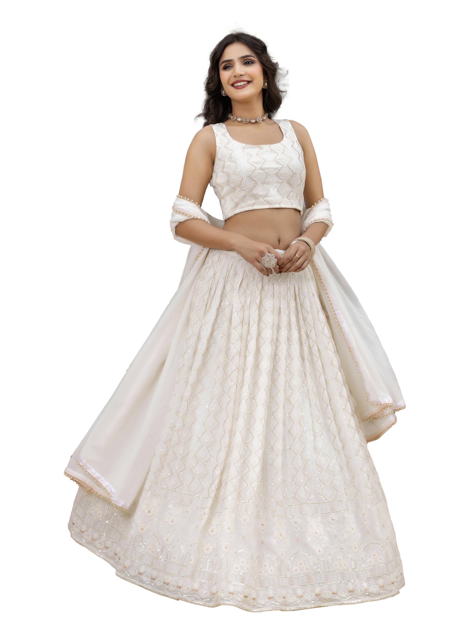 TRENDMALLS Women 's White Georgette Embroidery Sequence Work Lehenga Choli Set with Dupatta For Women