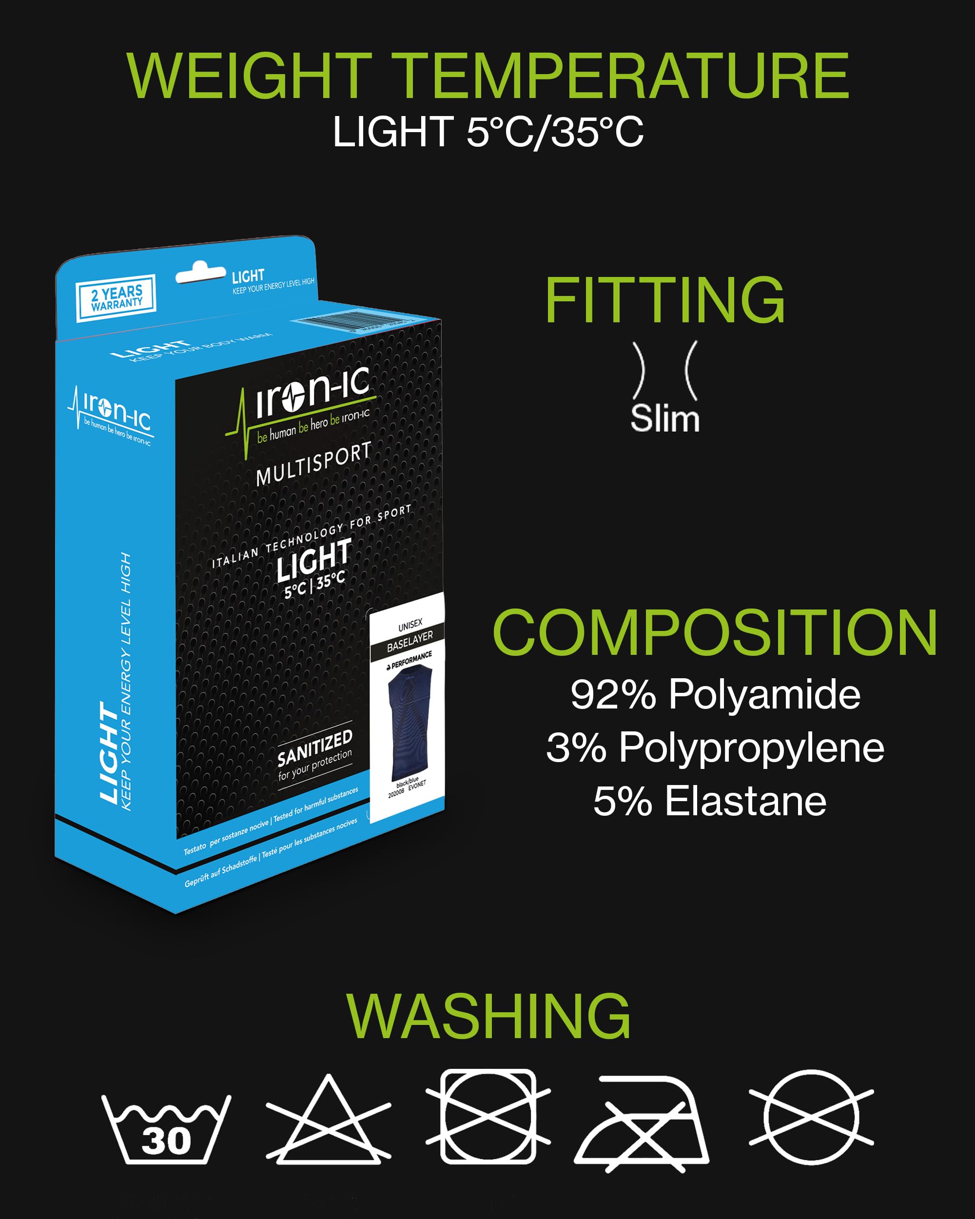 Iron-Ic - Camiseta de tirantes para hombre técnica ligera transpirable sin costuras de secado rápido, Baselayer Light para deportes de verano y uso diario - Art. 202005