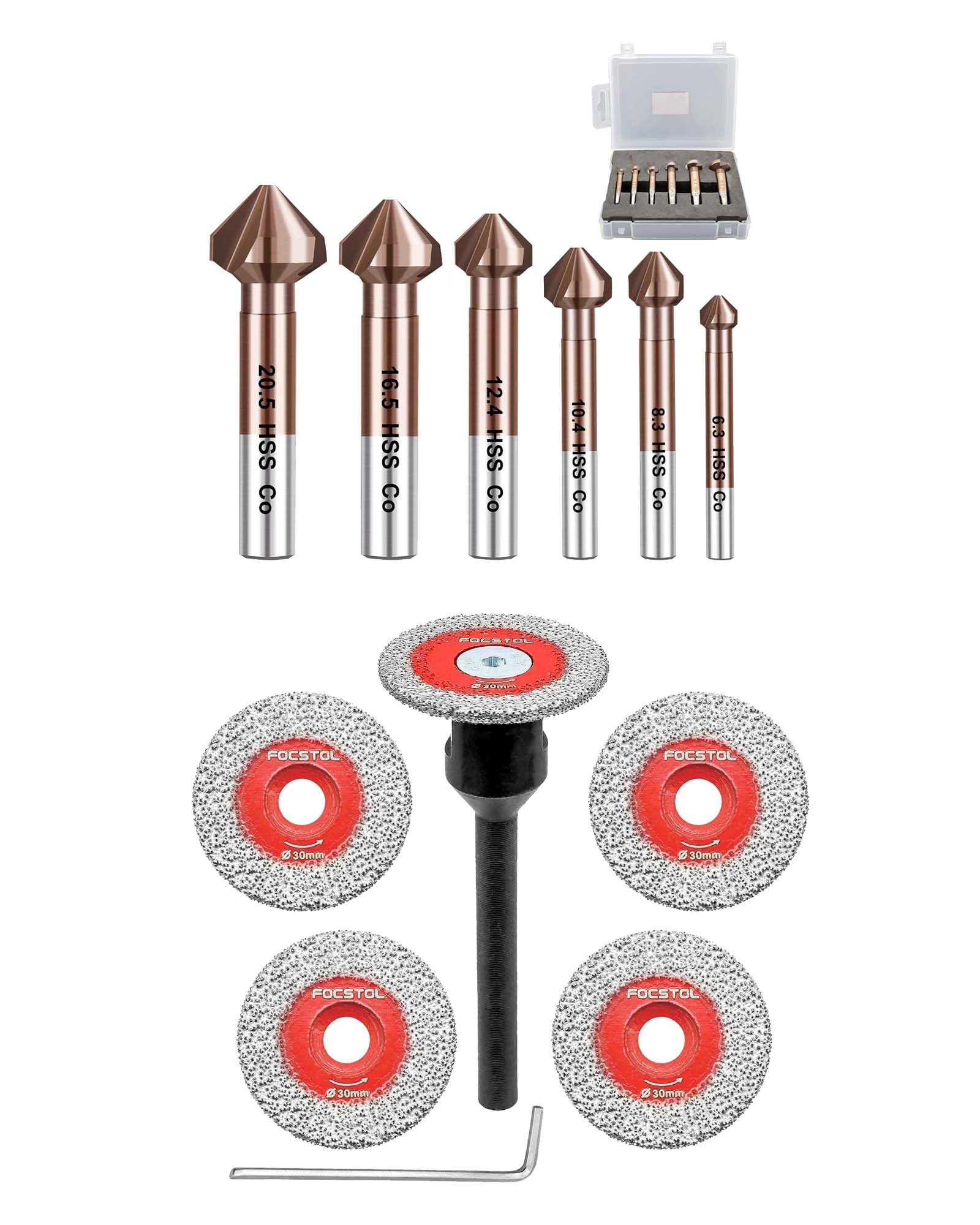 FOCSTOL Disco Diamante Corte 5 piezas 30mm Disco Cortar Azulejos y 1 pieza 6mm Mango Redondo y Brocas Avellanador para Metal 6pzs (6,3/8,3/10,4/12,4/16,5/20,5mm)