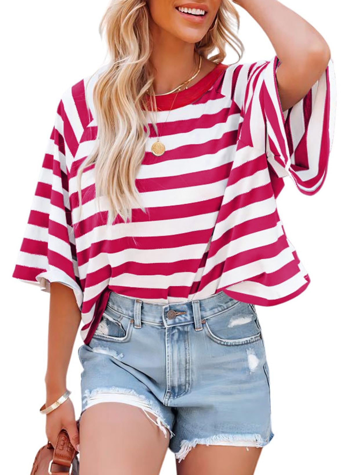 Dokotoo Tops for Women Striped T Shirts Color Block 2026 Loose Basic Tee | 2026 Summer Fall,Short Sleeve,Crewneck,Business Casual,Loose Fit,Resort Wear,Crop Tops,Cruise Outfits,Fashion Clothing Medium Rose