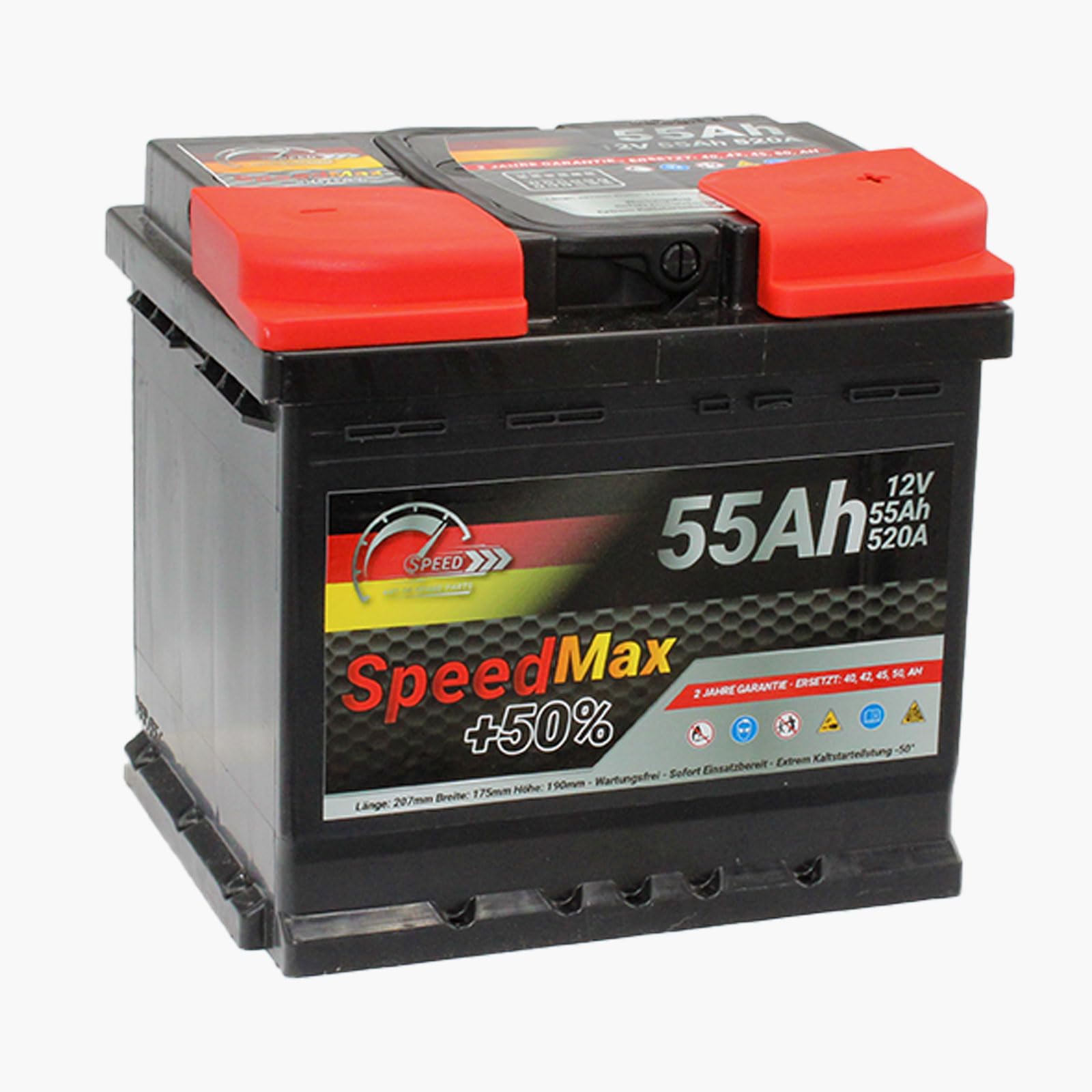 SMC Autobatterie Speed Max 55Ah L1 520A EN 12v PKW Ersetzt 44Ah 45Ah 50Ah 52Ah 54Ah 75Ah Starterbatterie wartungsfrei- Maße der Batterie: 20,7 x 17,5 x 19,0 cm - Pluspol rechts (DX+)