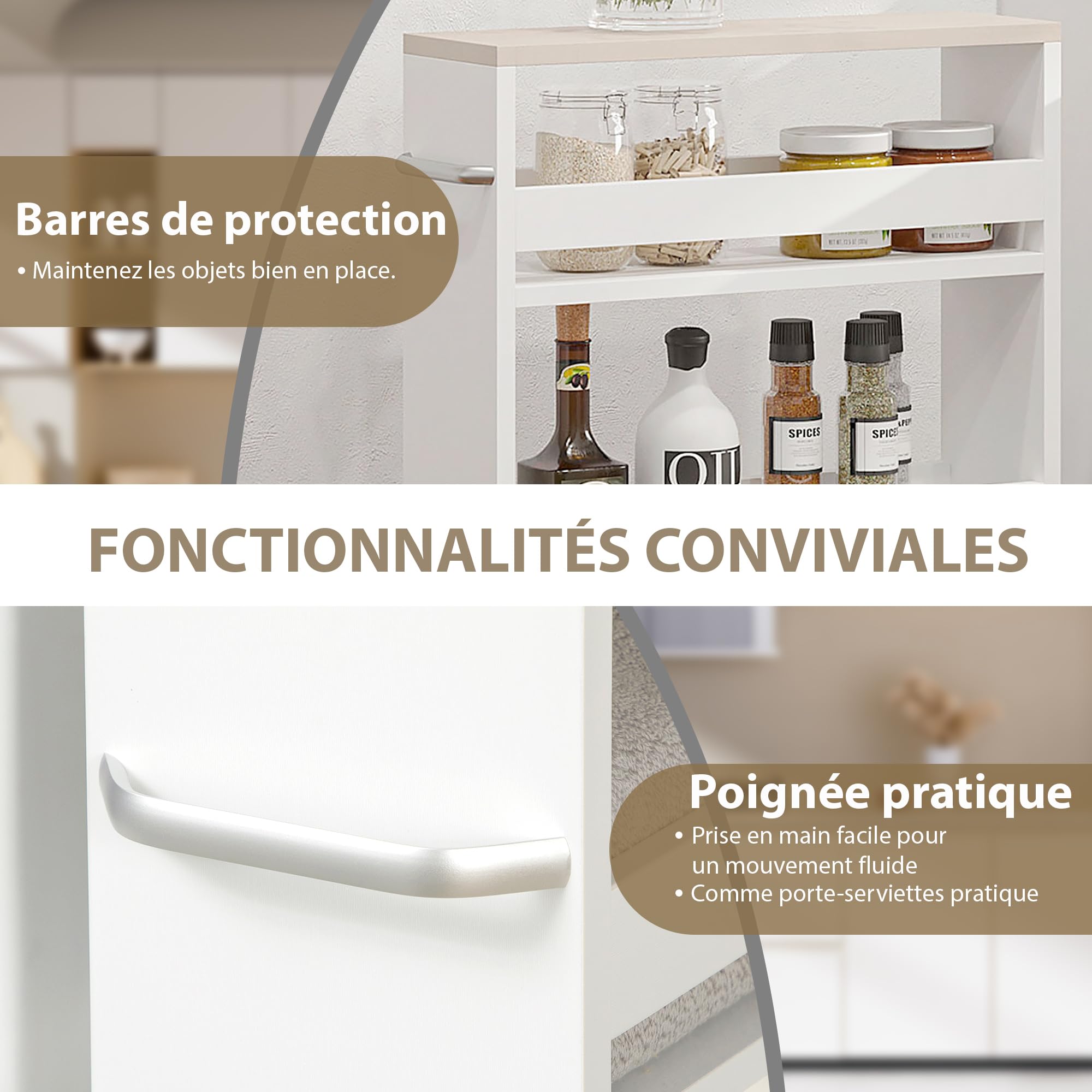 kleankin Chariot de Rangement à 3 Niveaux Chariot de Stockage étagère sur roulettes pour Cuisine étroite Salle de Bain buanderie Bureau avec poignée - 48 x 15 x 80 cm Blanc