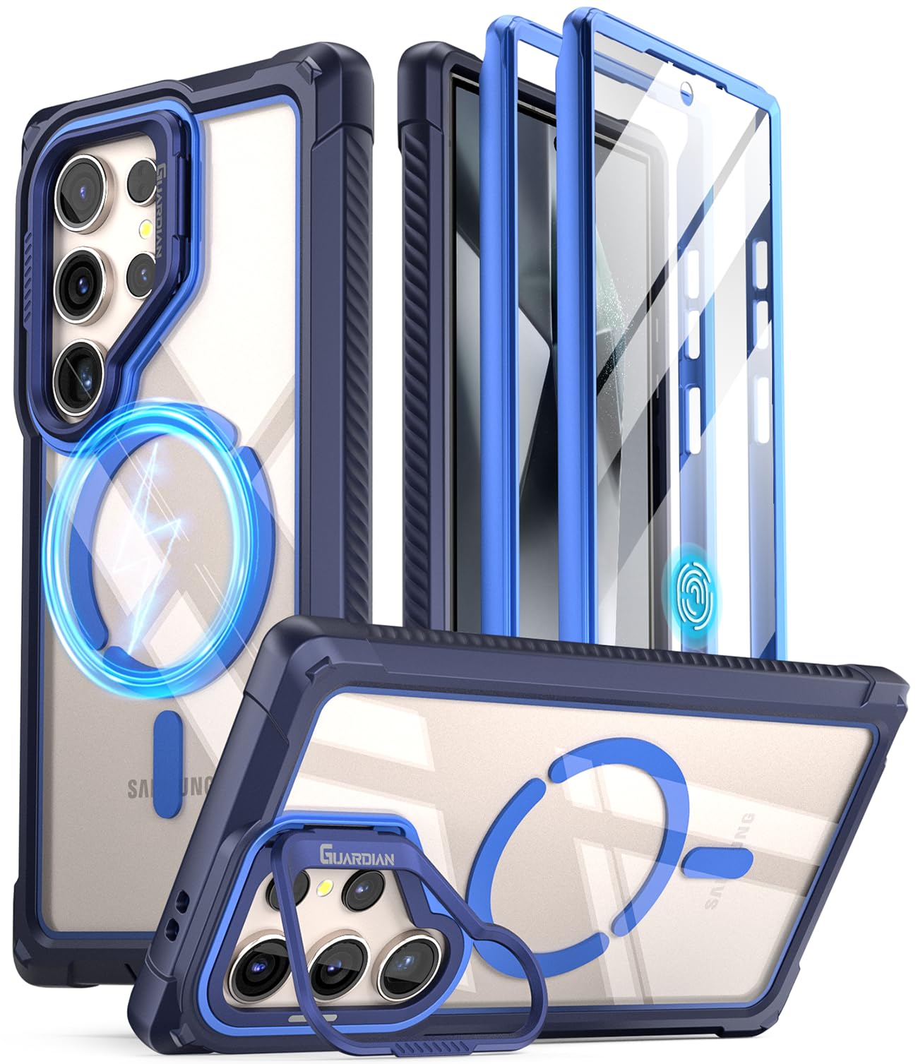 Poetic Guardian Case Compatible with Galaxy S24 Ultra 5G 6.8 inch,[Built-in Camera Stand][Screen Protector Work with Fingerprint ID] Full Body Hybrid Shockproof Rugged Clear Cover Case, Blue/Clear