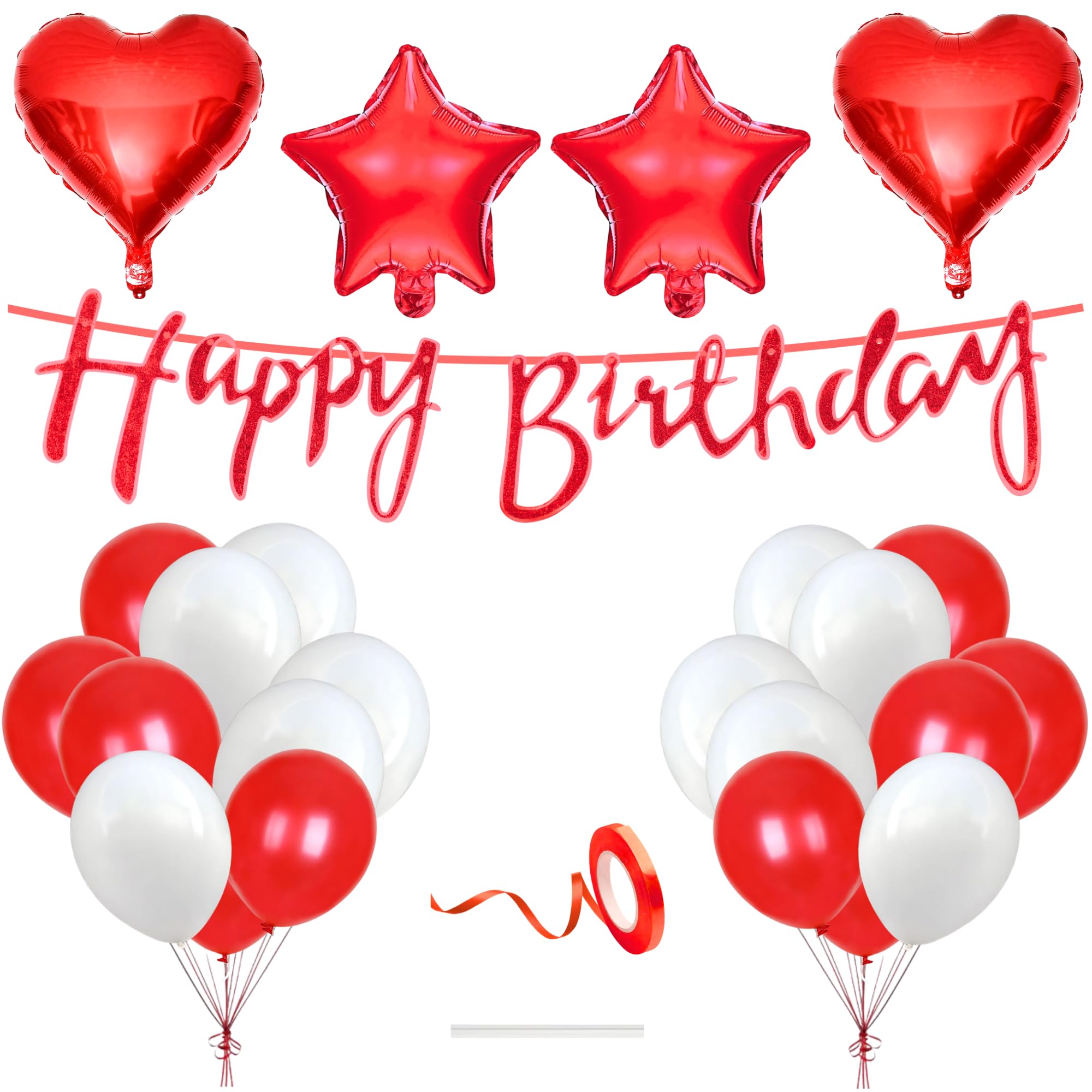Happy Birthday Decoration Kit Red White for Baby Boys Girls Kids Princess Twins Men Women Husband Wife With 20 Pcs Metallic Balloons Birthday Banner 4 Pcs Star Heart Items Set-image-24