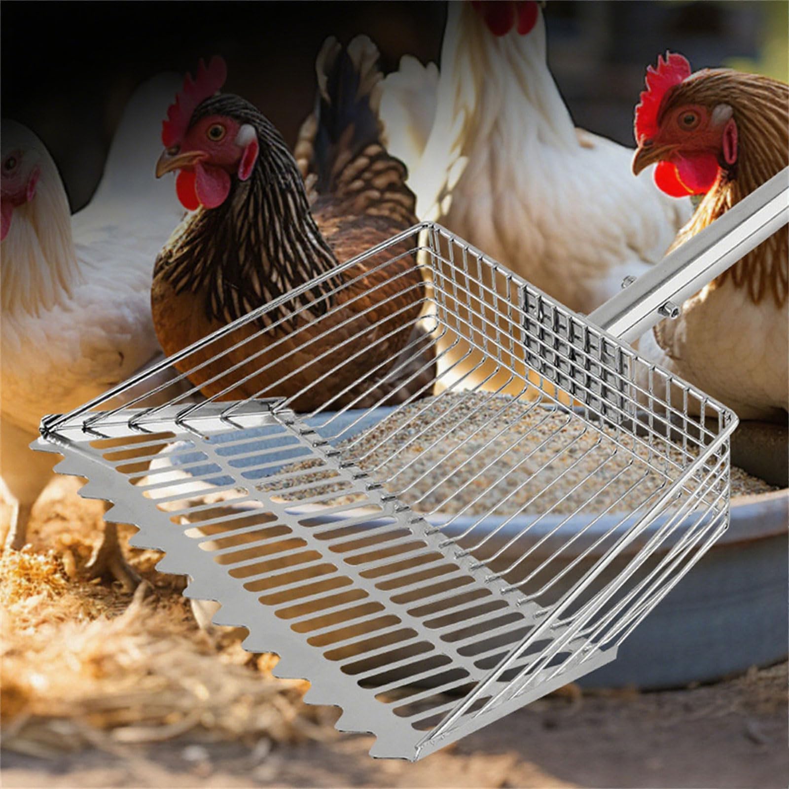 Pala para gallineros con mango largo de 4 secciones de acero inoxidable para aves de corral, gatos, limpieza de arena, pala esencial para tamizar pollos