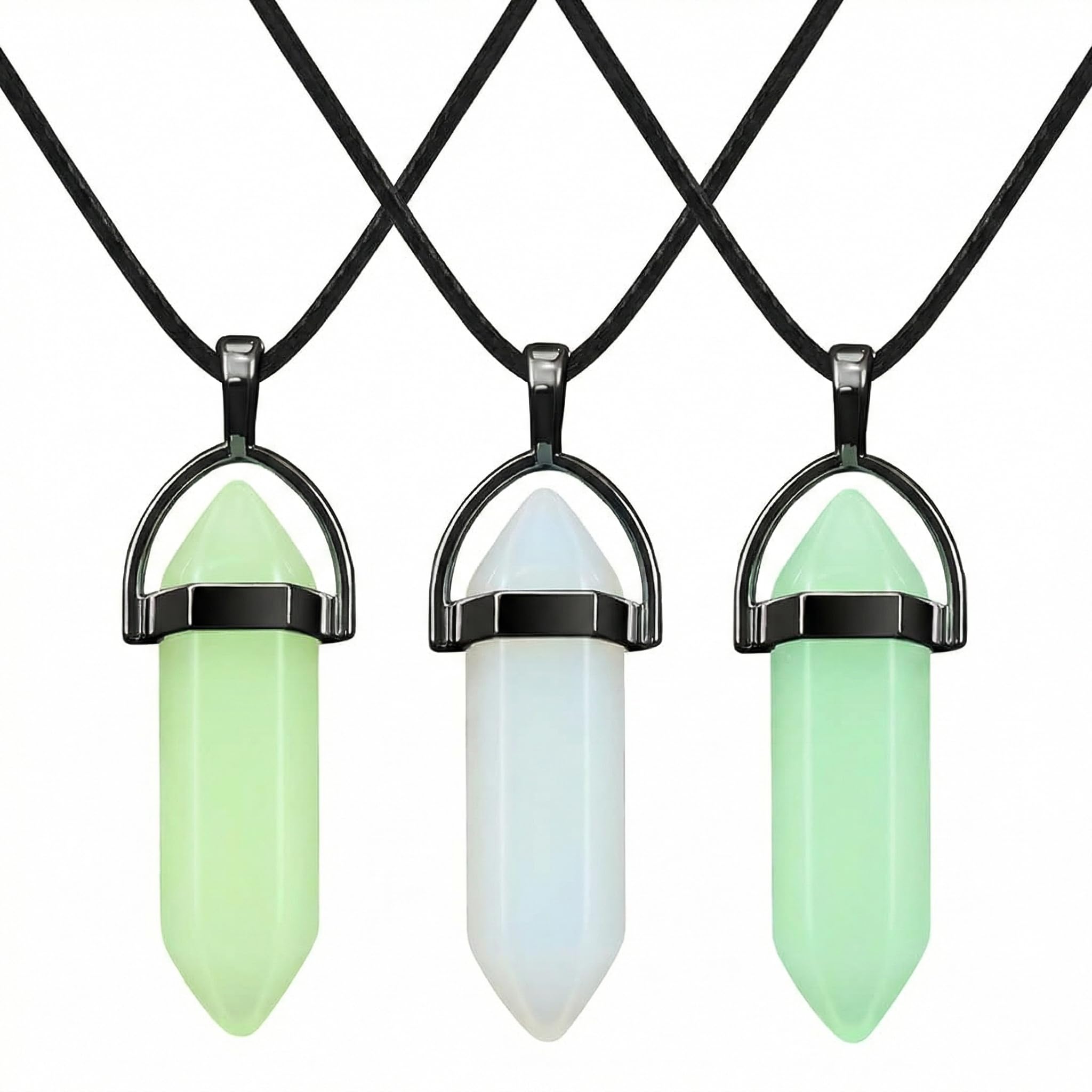 Hicarer 3 Pieces Halloween Luminous Fluorescent Crystal Necklaces Glow in the Dark Crystal Pendant Necklaces Hexagonal Gemstone Chain Necklaces