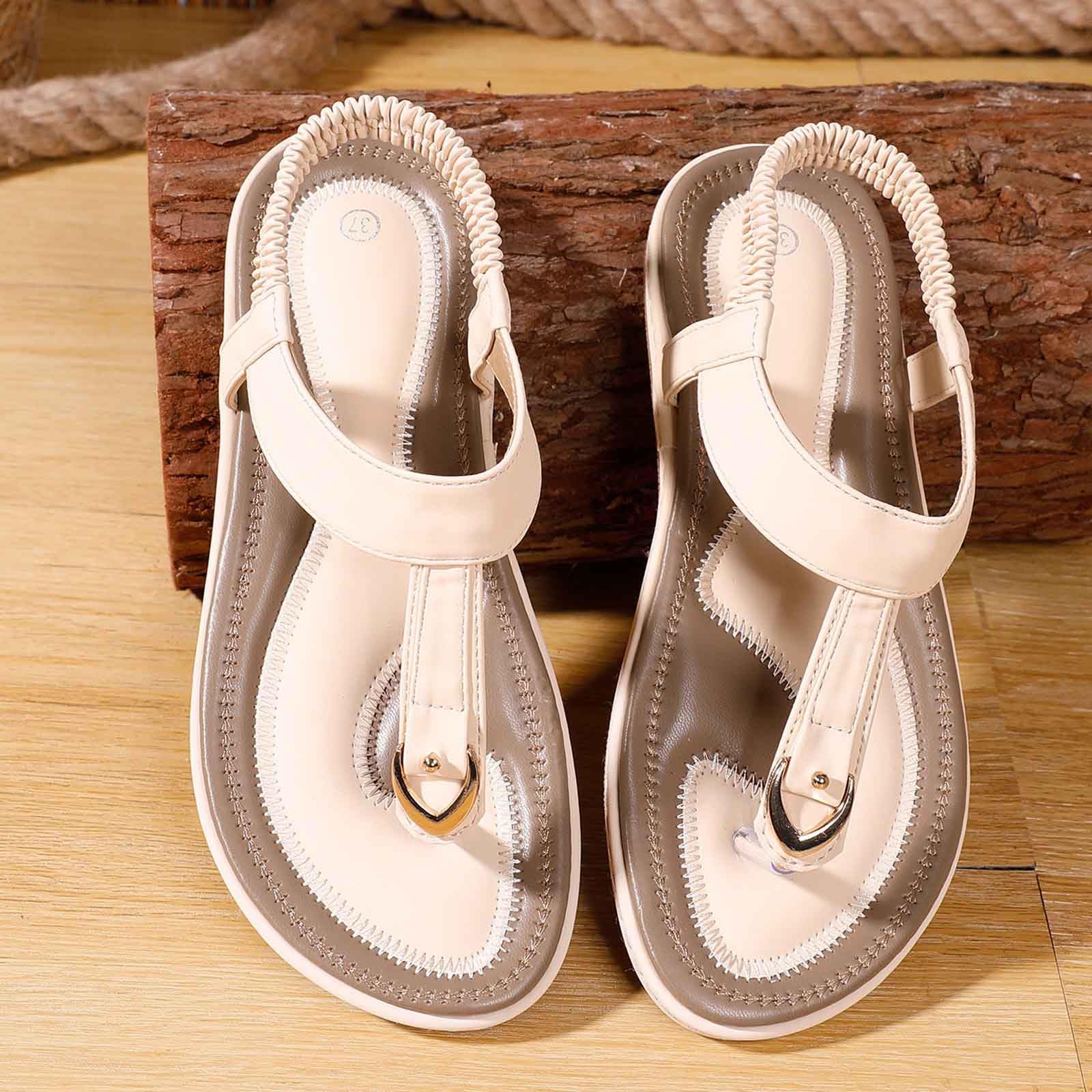 Sandali estivi da donna, stile bohémien, con strass, sandali da spiaggia, scarpe da spiaggia, infradito piatte con tempo libero, casual, con cinturino elastico alla caviglia, per alleviare il dolore