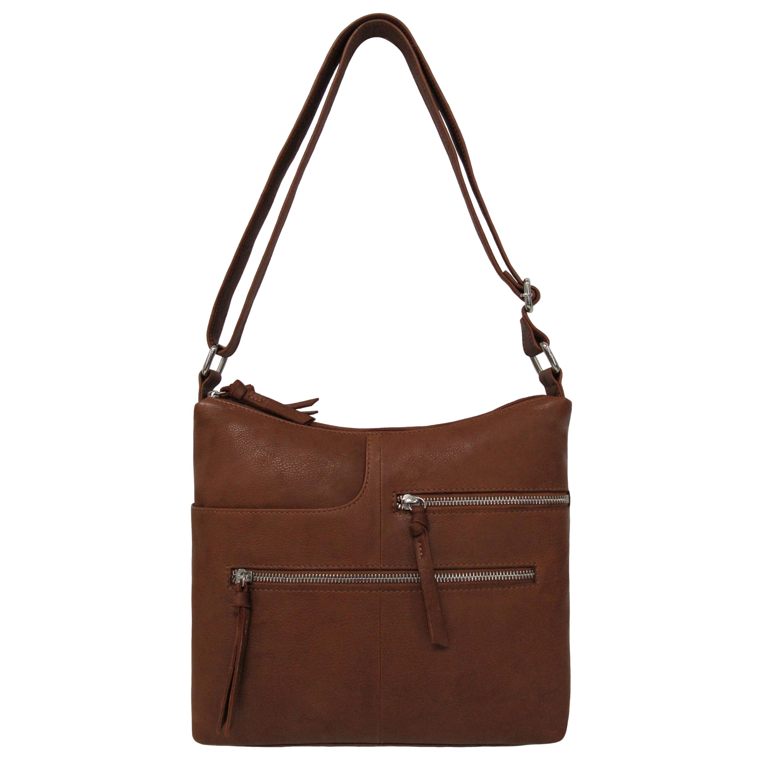 Bueno of California Antique Calf Leather Double Top Zip Shoulder, Tan