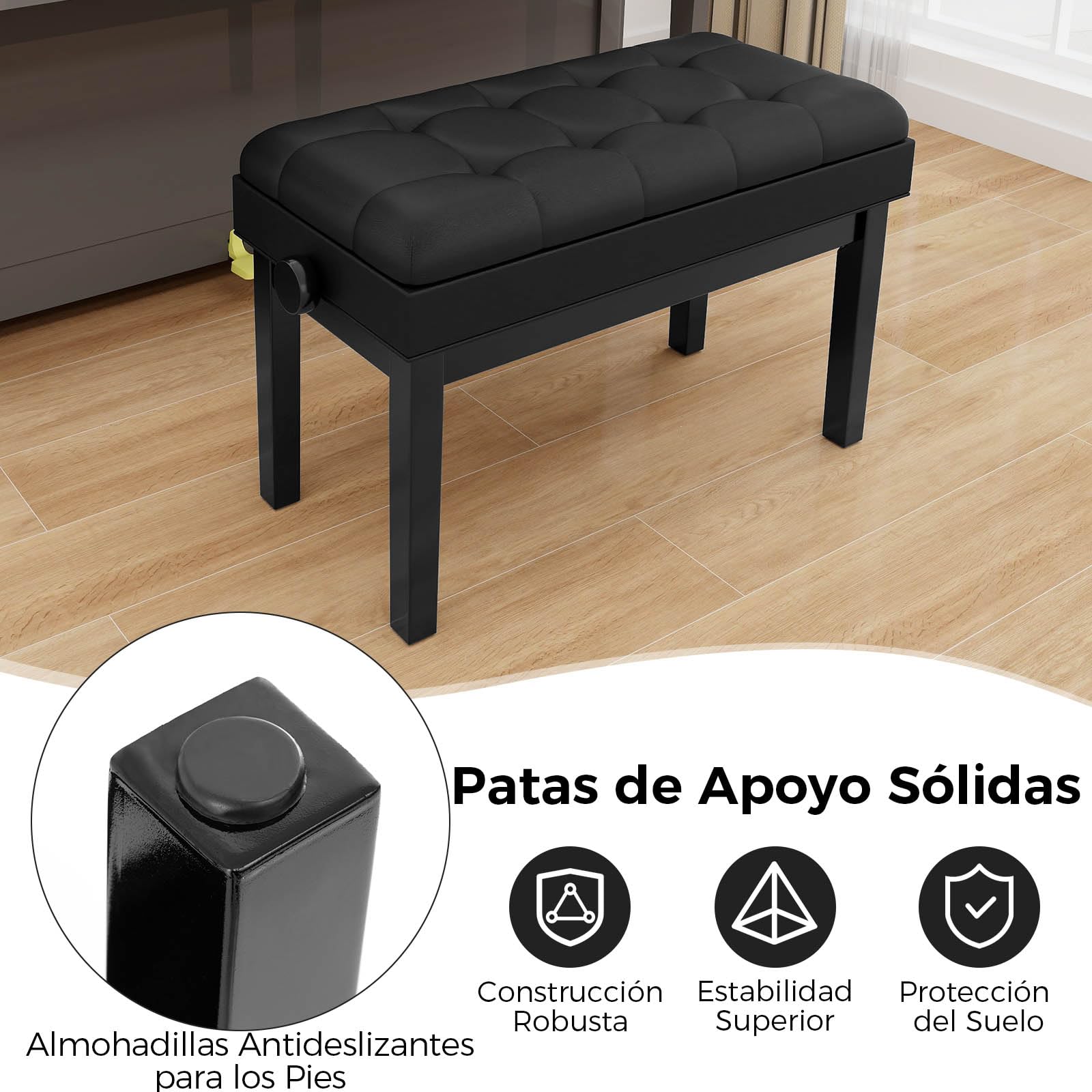 GIANTEX Banco para Piano con Altura Ajustable 48-58 cm, Banqueta Piano Tapizada para 2 Personas, Taburete con Espacio de Almacenamiento y Patas Antideslizantes, Negro