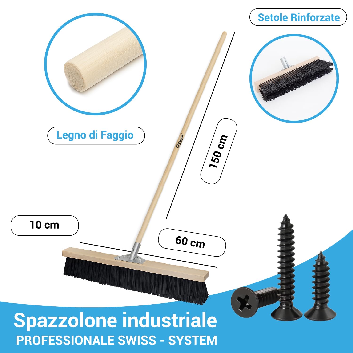 Crisalide® Scopa Industriale a Spinta 60 cm Swiss System con Manico 150 cm in Legno di Faggio – Spazzolone Professionale PVC Alta Densità per Esterno, Giardino, Magazzino e Capannone