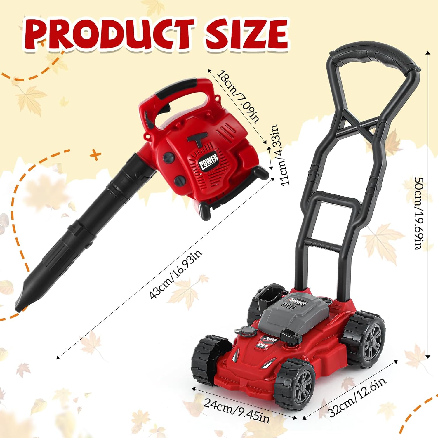 Arrowbash Toy Leaf Blower & Kids Push Lawn Mower Set for Kids, Battery Powered with Sounds, 2 Pcs Gardening Toy Gift for Boys & Girls