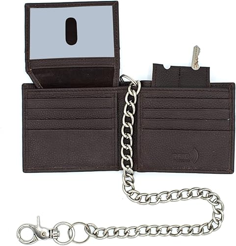 J T C JUZAR TAPAL Collection Cartera plegable de piel auténtica con bloqueo RFID para hombre, elegante plegable, cadena de acero inoxidable,