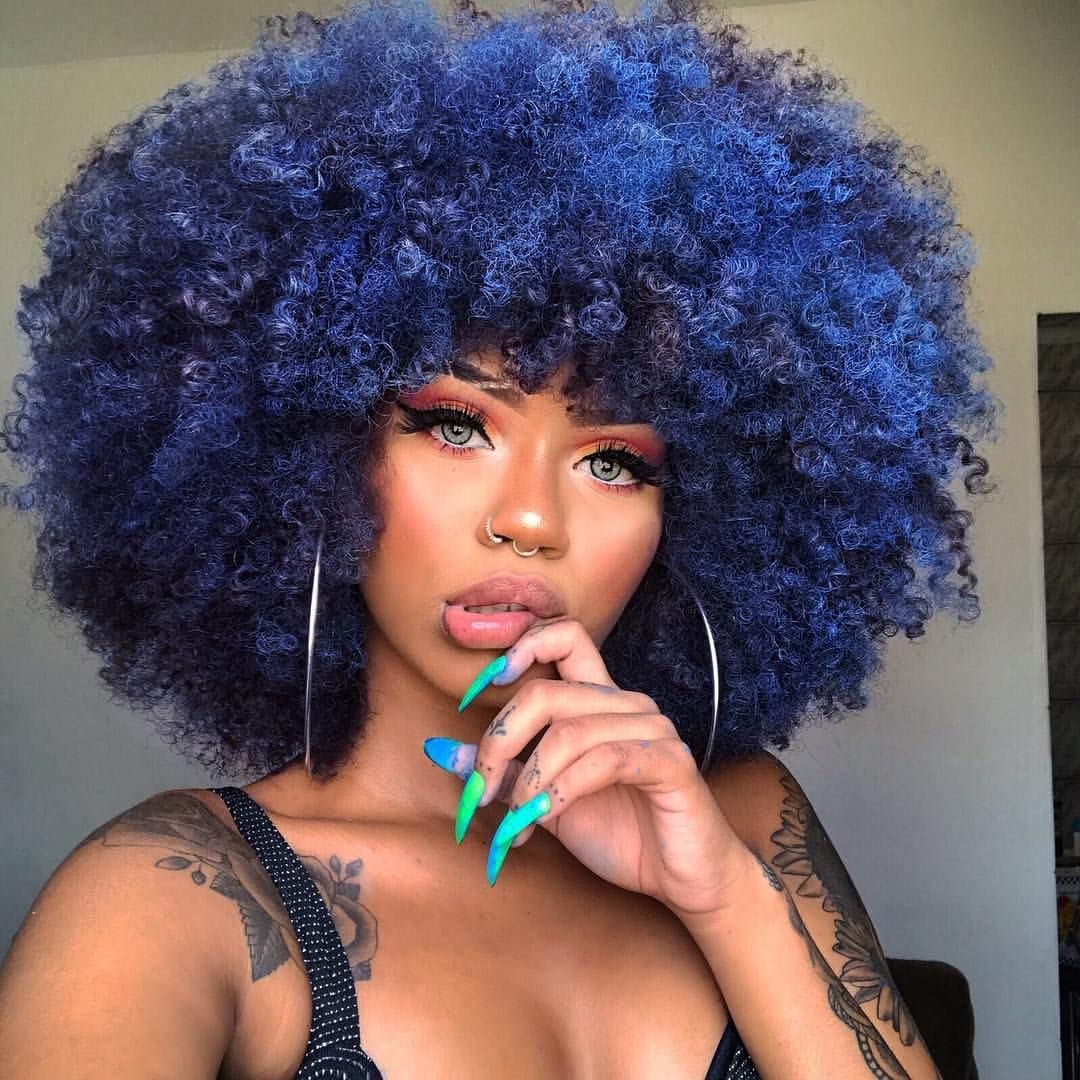 CURLCRAZY Blue Afro Wigs for Black Women Short Curly Afro Wig with Bangs Large Bouncy and Soft Natural Looking Halloween Party Christmas Cosplay Kinky