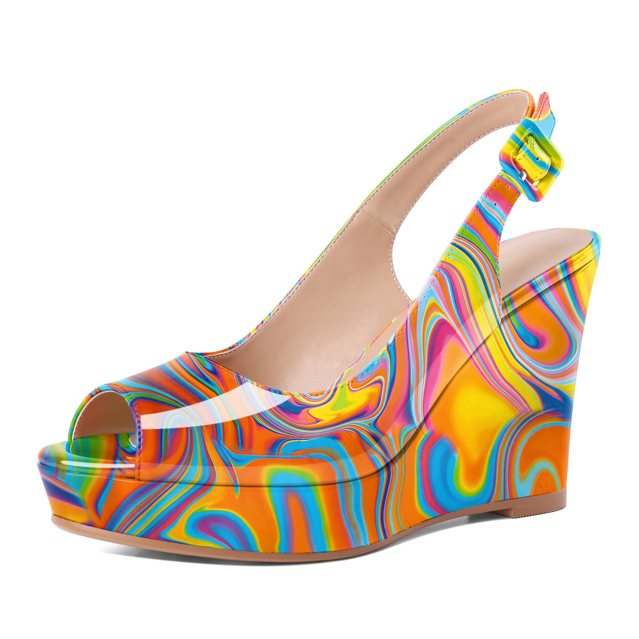 Eldof Women's Peep Toe Wedge Heels Slingback Platform High Pumps Party Dress Casual Sandals 4 Inches