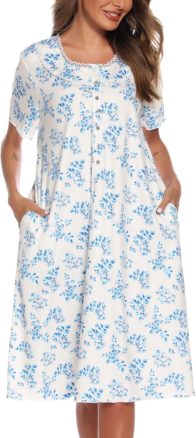 COSUNIONY Nightgowns for Women Soft Cotton Short Sleeve Sleep Dress Casual Gowns Sleepwear With Pockets