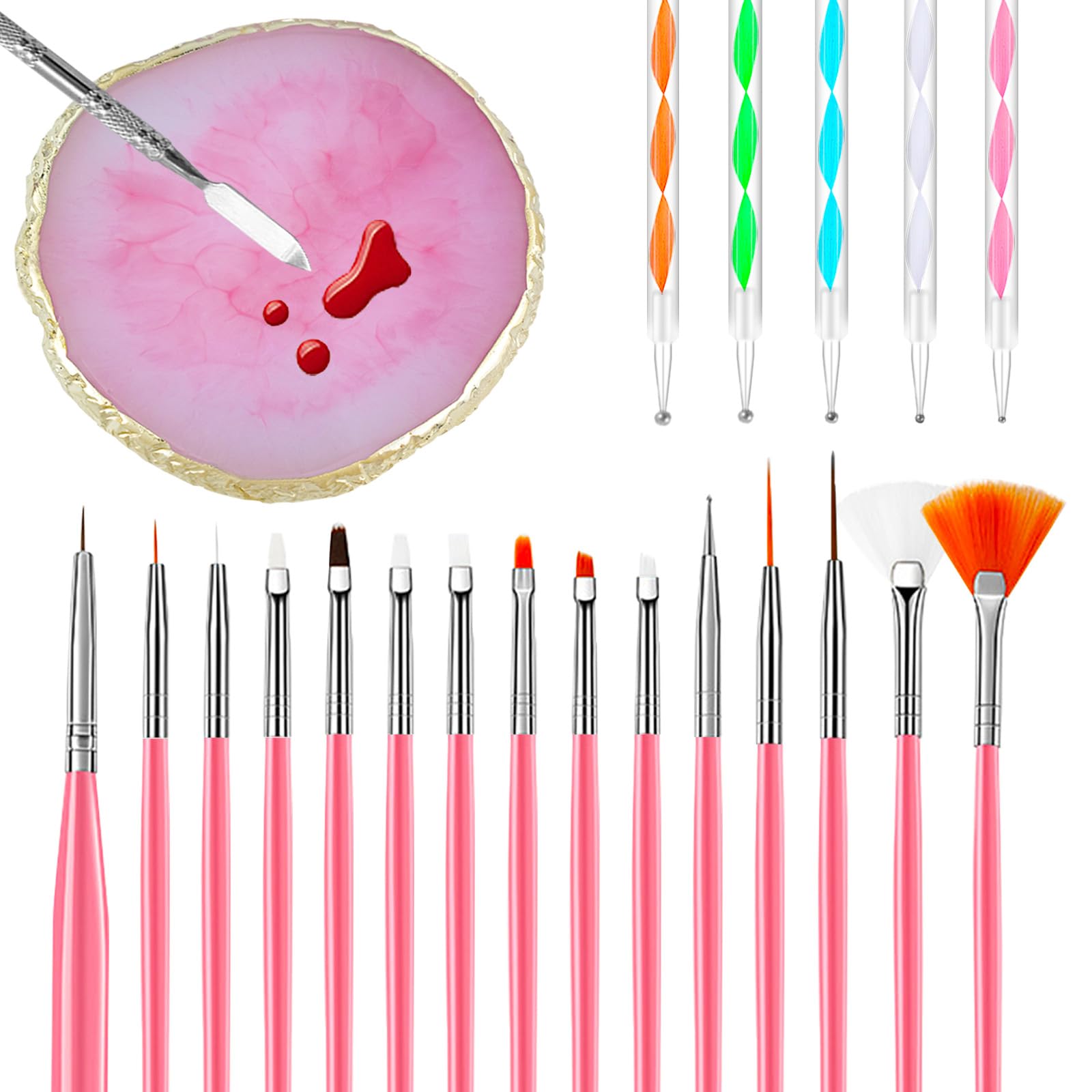 22 Pieces Nail Art Tool Kit, 1 Piece Resin Nail Art Palette, 1 Piece Cosmetic Makeup Spatula Stirring Rod, 15 Pieces Nail Art Brushes, 5 Pieces Nail Art Dotting Pens, Nail Home Salon Nail Painting Tools