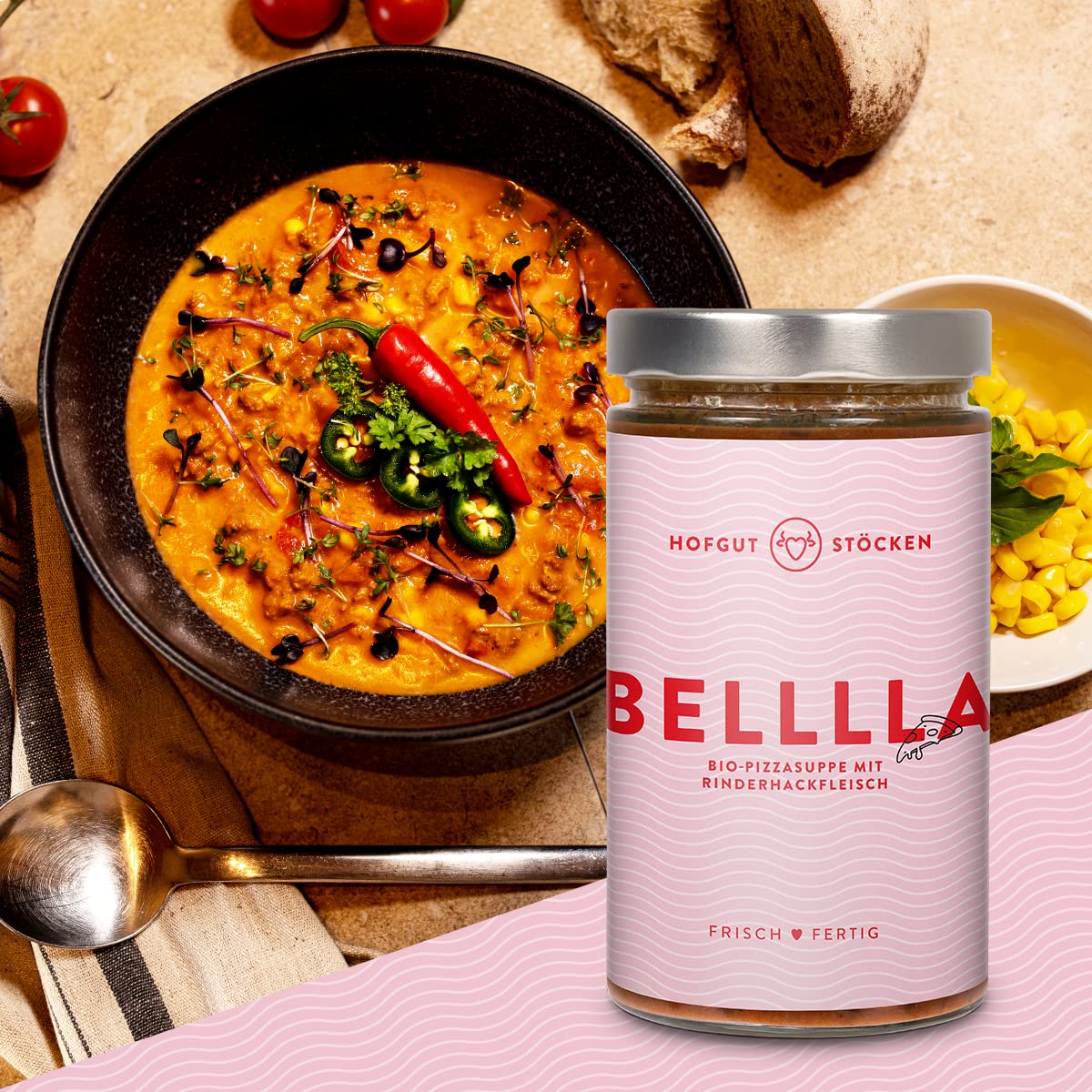 Hofgut Stöcken | Genießerpaket "Camper" vom Testsieger | 6x 620ml Bio-Fertiggerichte im Glas |Bio-Pizzasuppe|Bio-Käsesuppe|Bio-Gulaschsuppe|Bio-Rahmgeschnetzeltes|Bio-Chili con Carne|Bio-Bolognese