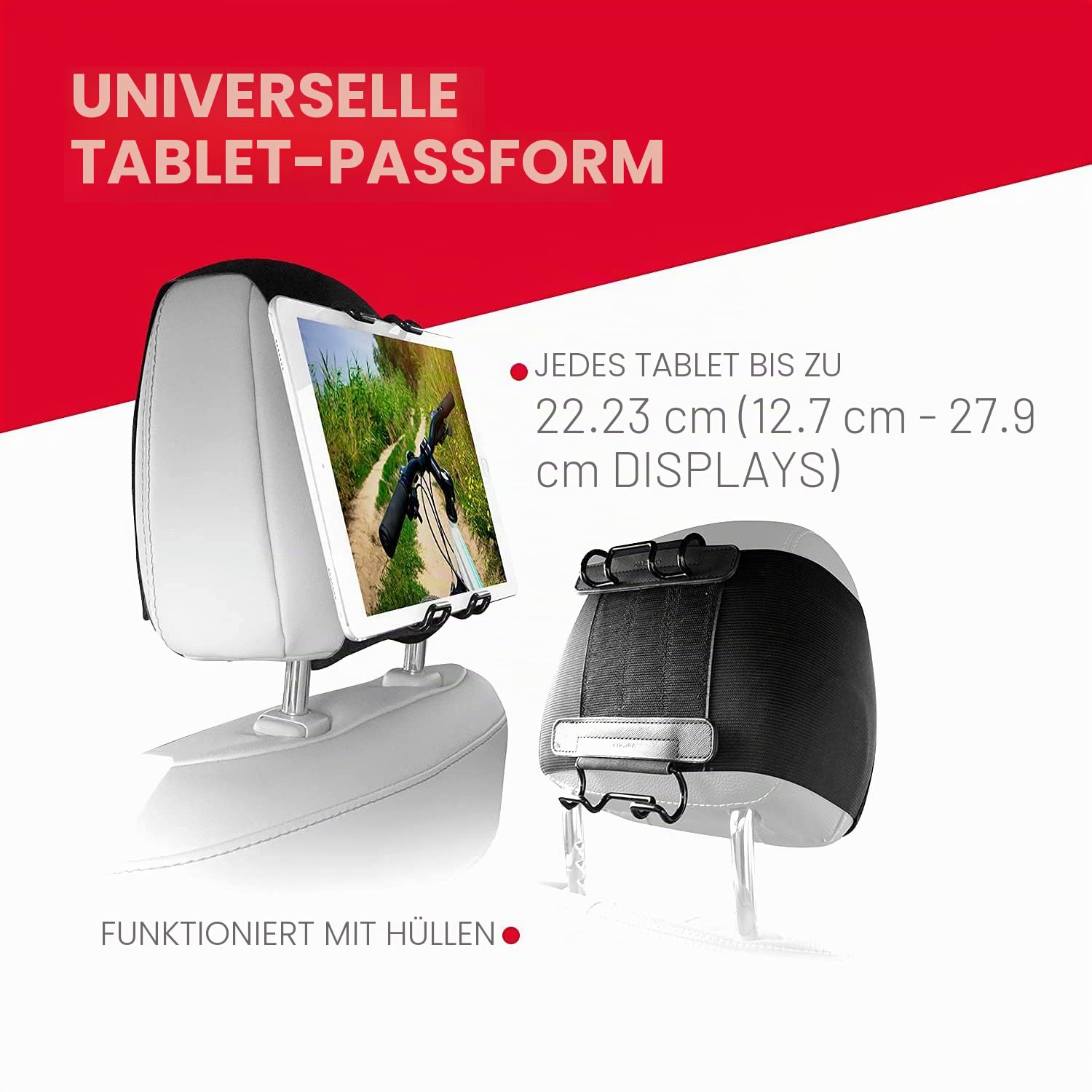 Macally STRAPMOUNT, Kopfstützenhalterung mit verstellbarem Gurt für Fast alle Kopfstützen, für iPad & andere Tablets bis 11 Zoll, schwarz