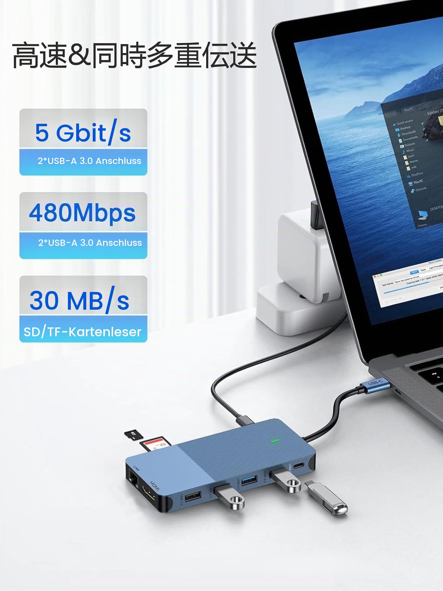 12-in-1 USB C Docking Station mit 100W PD-Ladung, 4K Triple-Display (HDMI/DP), Gigabit LAN, USB 3.1 Gen2 (10Gbps), SD/TF-Kartenleser für MacBook/Dell/ASUS/Xiaomi/Huawei Type-C Geräte