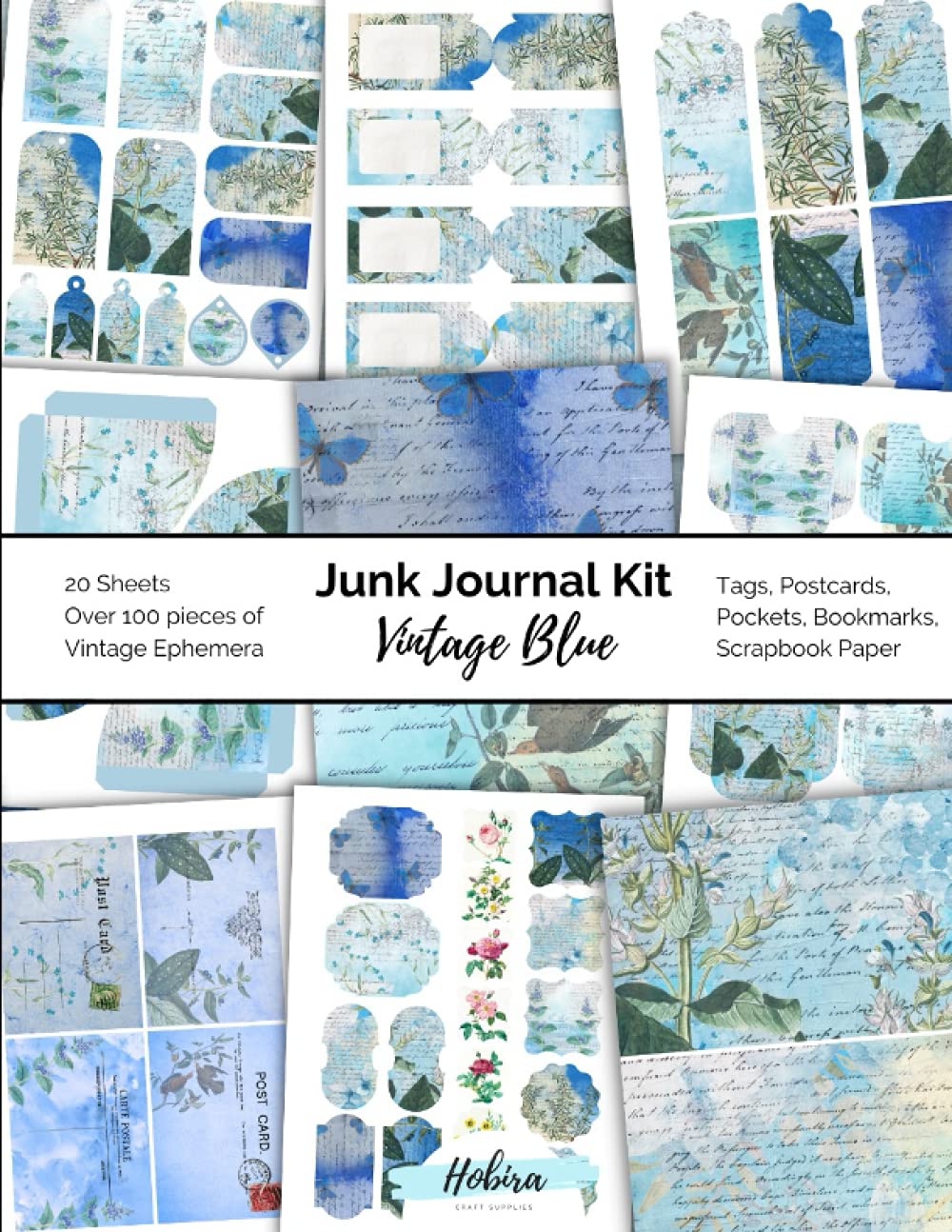 Junk Journal Kit Vintage Blue: Vintage Ephemera for Junk Journals Blue Vintage Scrapbook Embellishments Tags Pockets Postcards Bookmarks Scrapbook