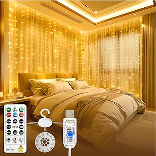 HXWEIYE 300LED Untangled Curtain Lights, 9.8x9.8Ft USB Fairy Twinkle Str...