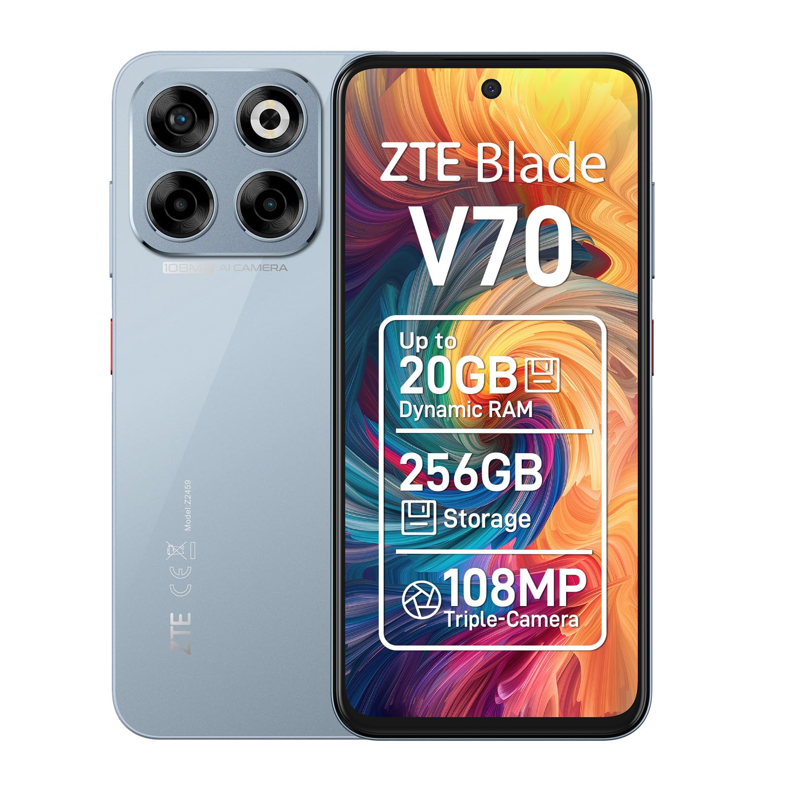 ZTE Blade V70-4G Smartphone - Dual-SIM - RAM 8 GB/Interner Speicher 256 GB - microSD Slot - 6.7" - 1600 x 720 Pixel (120 Hz) - Triple-Kamera 108 MP, 2 MP - Front Camera 16 MP - Sternenstaubgrau