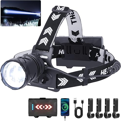 Annteneo Linterna frontal LED recargable por USB, lámpara de cabeza de 100000 lúmenes, luz trasera roja e indicador de batería, zoomable, faro