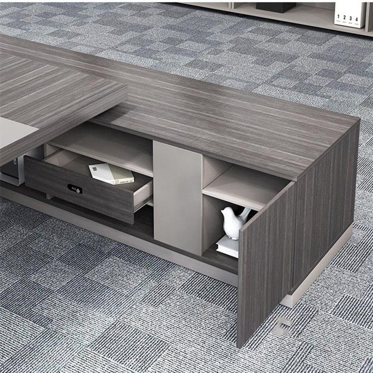 Image of Modern Executive Director Table with L-Shape Design, Open Storage & Premium Grey Wood Finish for Corporate Office (LDL-760 MDFL L6W3)