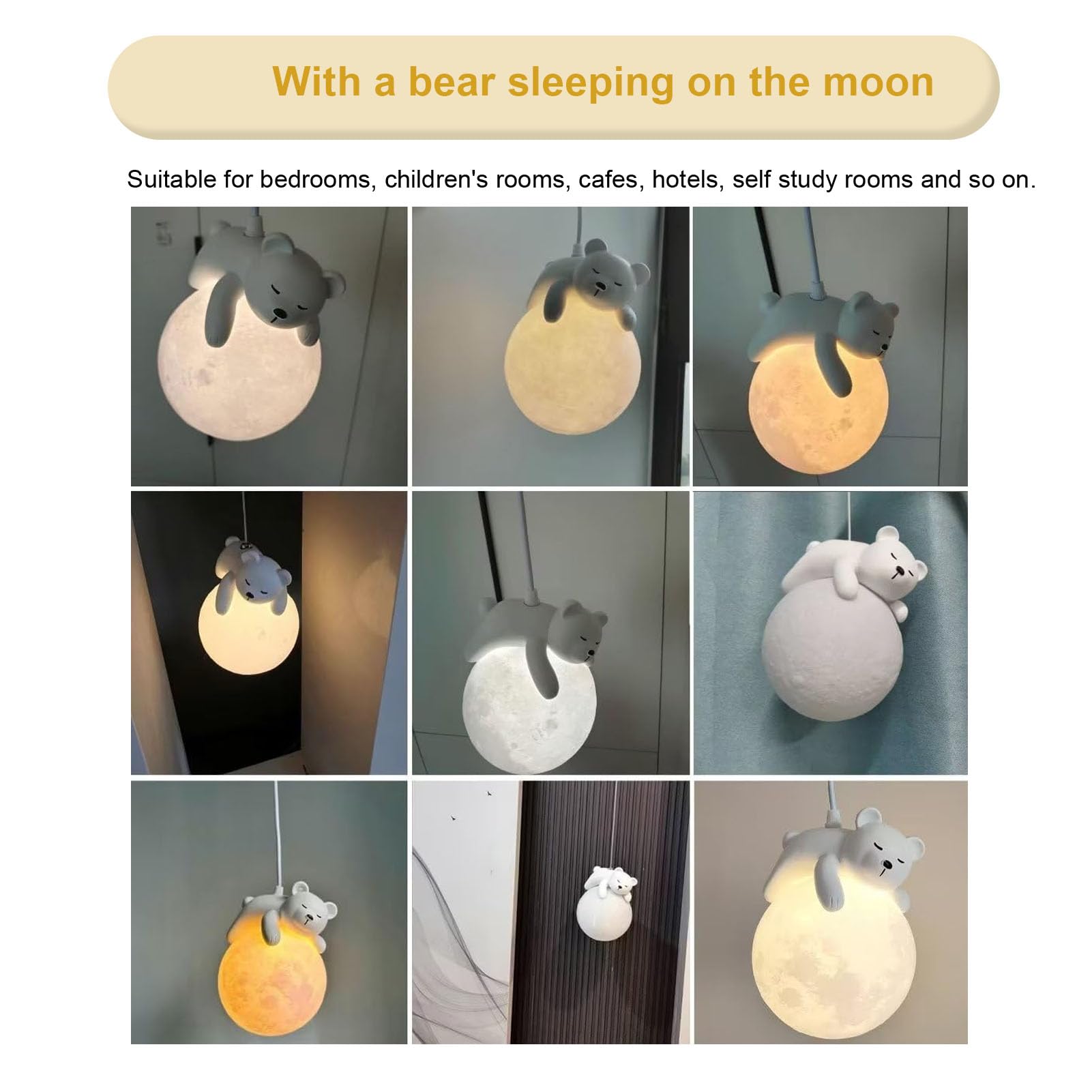 Naroote Mond-Pendelleuchte, 3D-Gedruckter Mond-Lampenschirm, Deckenleuchte mit Schlafendem Bären-Design, Stilvolle Hängelampe für Das Schlafzimmer, überraschung für Café, Hotel