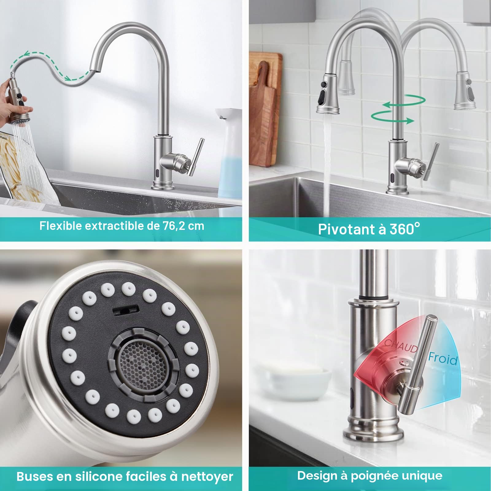 Robinet Cuisine Sans Contact avec Douchette Extensible Rotatif à 360°, Mitigeur Cuisine Touchless Sensor 3 Modes de Pulvérisation, Robinet d'Évier monocommande en Acier Inoxydable 304
