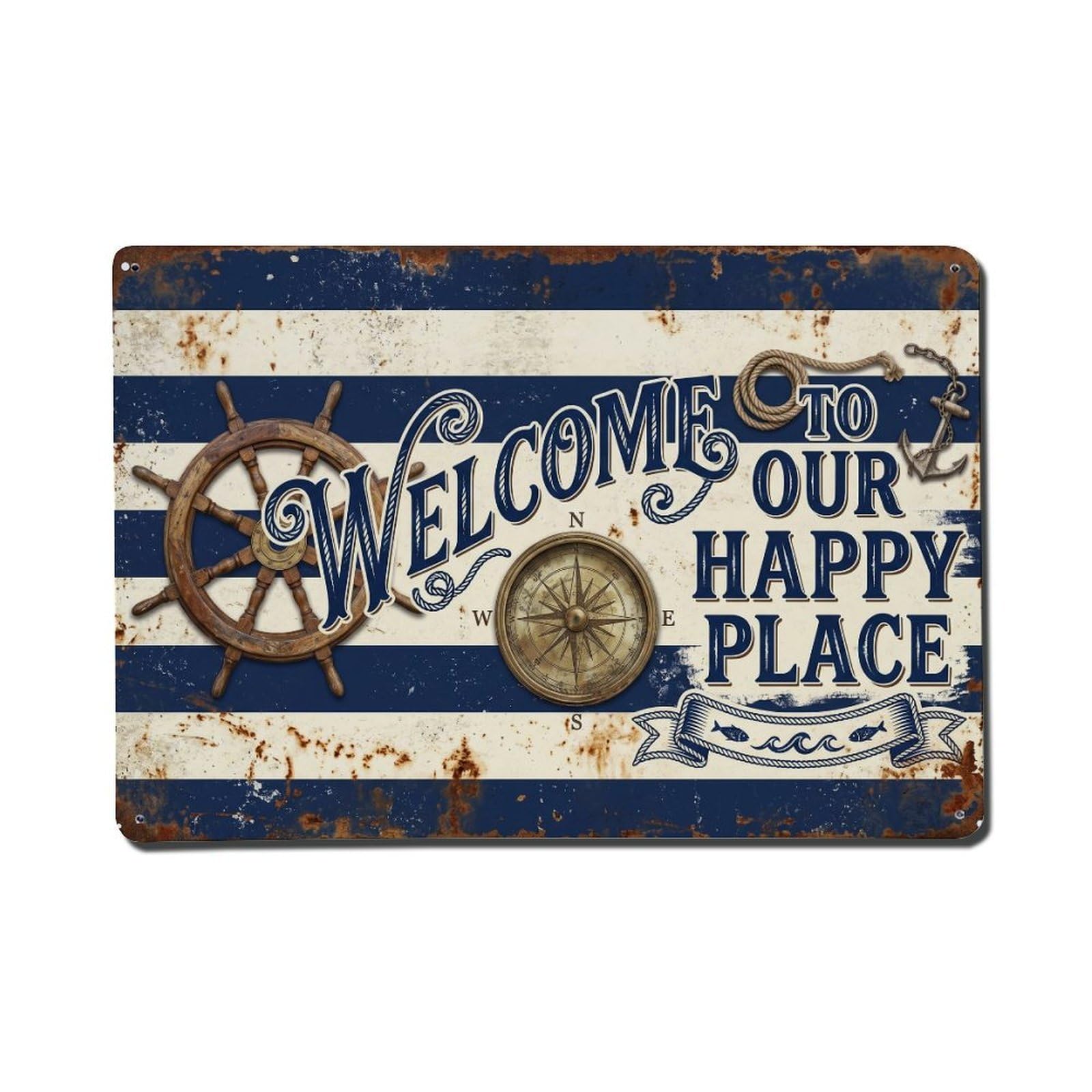 Welcome To Our Happy Place Nautical Harbor Vintage Metal Tin Sign Plaque Wall Decor for Cafe, Club, Garden Metal Poster 8x12Inch