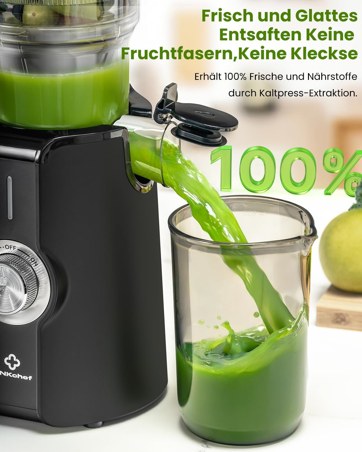 LINKChef Entsafter Slow Juicer 200W Kaltentsafter 115 mm Große Öffnung BPA-freie Saftpresse Schwarz