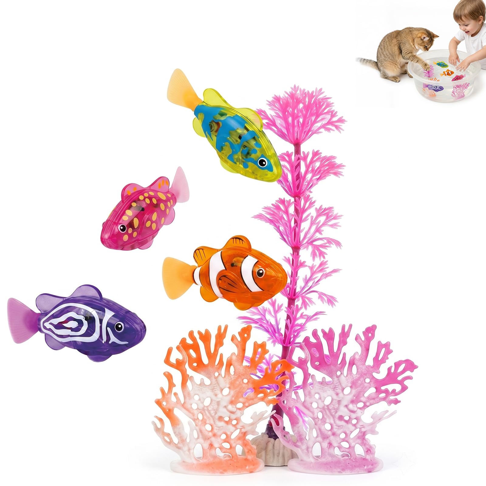 Xivicii 4Pcs Swimming Fish Bath Toy for Cats, Electric Robot Fish Toys, with LED Ligh, for Pet Interactive Baby Bath (4 Colors, Include Seaweed Coral)