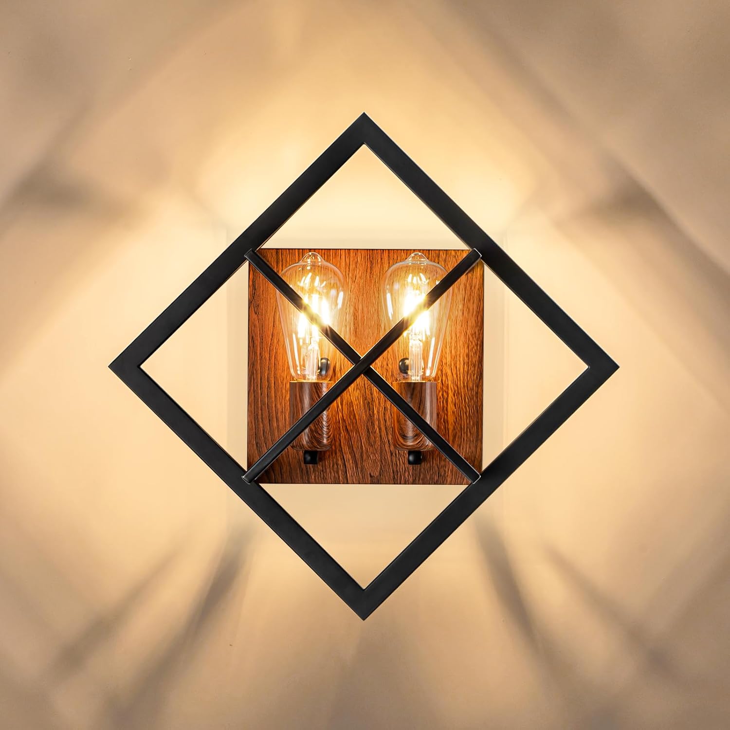 Farmhouse Wall Sconce with Black Finish & Wood Grain,Rustic Wall Sconces Indoor Wall Light Fixtures 17.8in for Stairway, Living Room, Bedroom, Bathroom (2 Light,E26 Base, No Bulbs) 1 pack Black+Wood