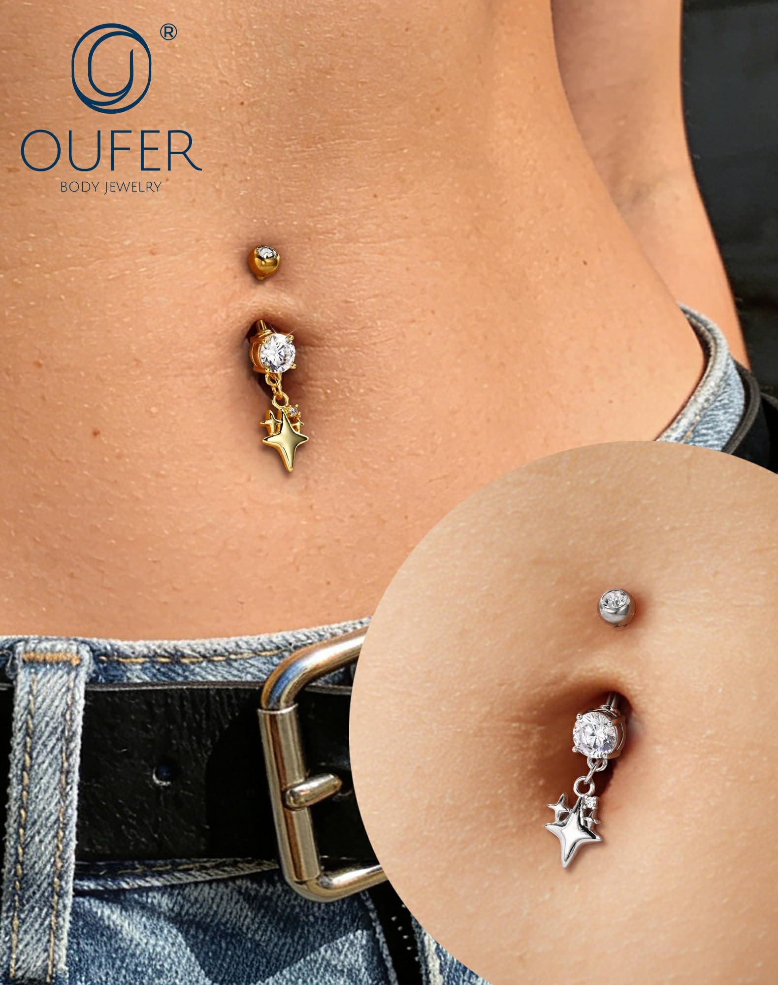 OUFER Body Piercing Belly Bar: 14G 316L Stainless Steel Navel Ring Star Dangle CZ Navel Piercing Jewellery Gold/Silver 1.6mm/10mm Belly BUtton Rings for Beach Party Women — view 6