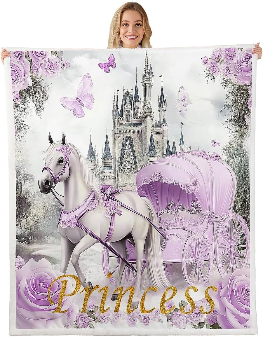 Princess Crown Flannel Fleece Blanket,Purple Girly Dreamy Flowers Super Soft Blanket for Bed Sofa Couch,Romantic Floral Bed Blanket for Bedroom Decor,Twin 60"x80"