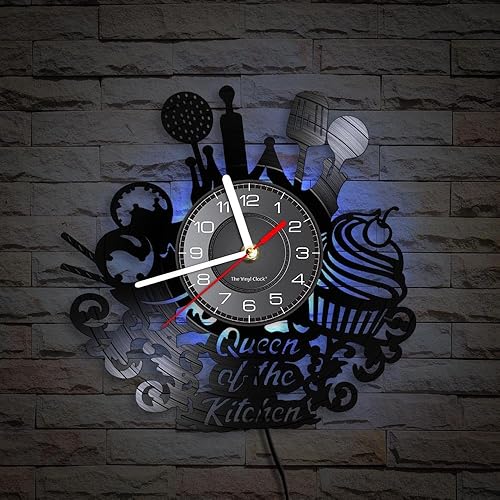 Miniatura 8 de Reloj de pared de disco de vinilo de cocina de 12 pulgadas con 7 modos luminosos, moderno, decorativo, silencioso, de cuarzo, sin tictac, negro,