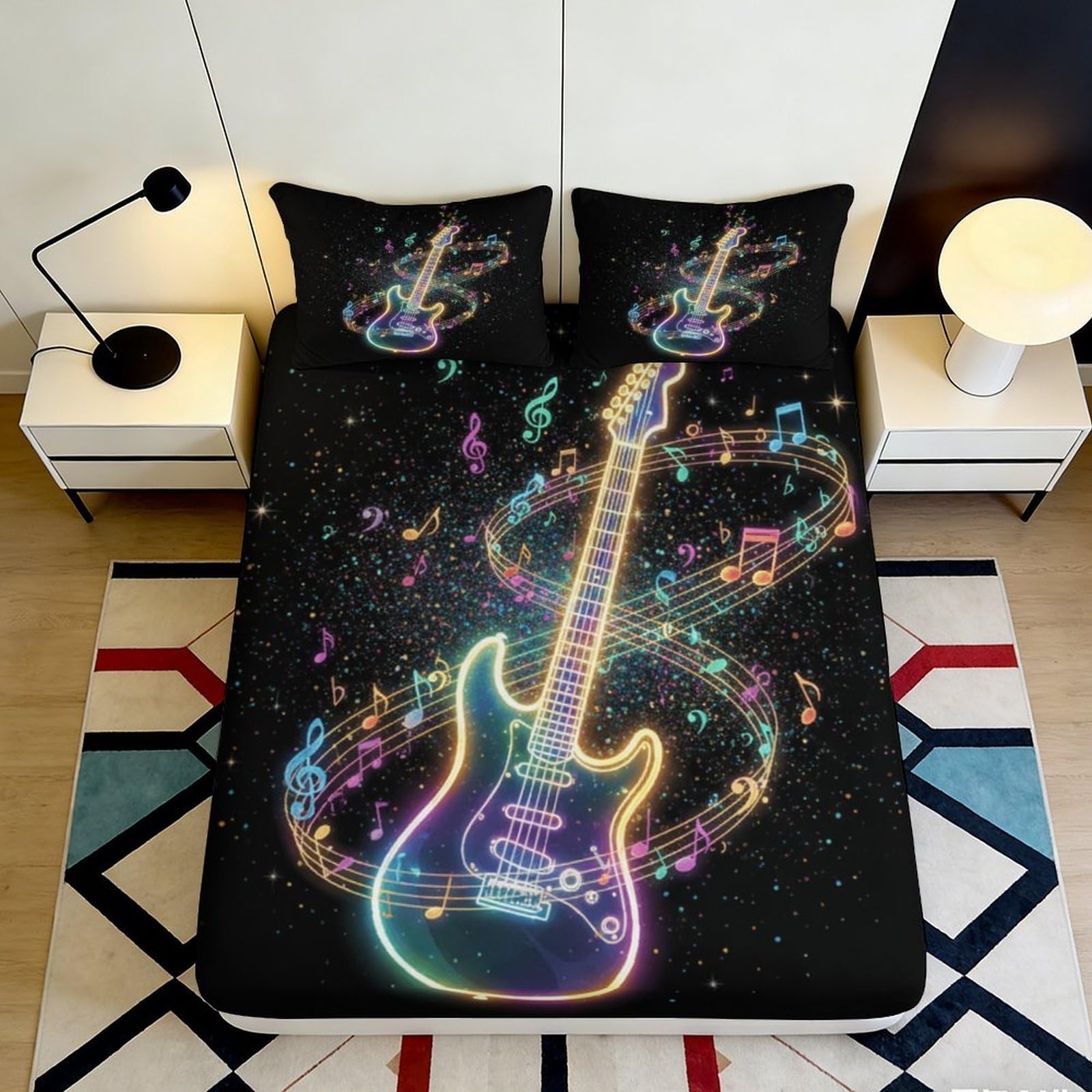 3D Printed Neon Guitar Fitted Sheet Microfiber Music Notes Mattress Cover for Bedroom Dorm Protection Decor 90x200x25cm