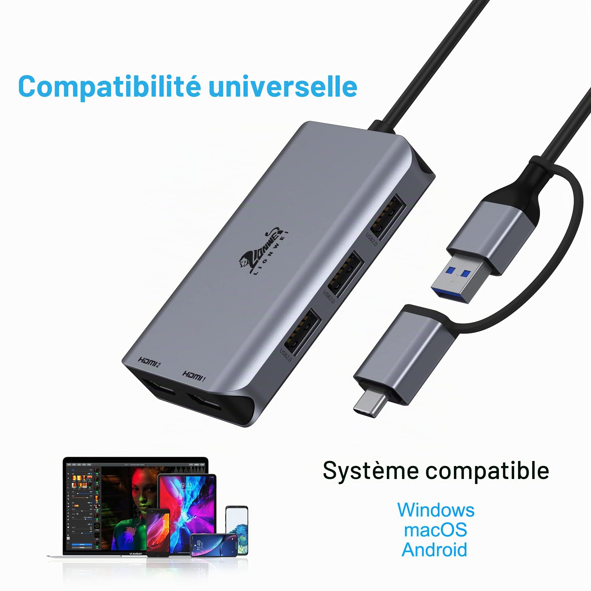 USB C Hub 2 HDMI USB Docking Station, Adaptateur USB 3.0 vers Double HDMI, 3 USB 2.0 Répartiteur HDMI Double Moniteur Compatible avec MacBook Pro/Air/M1/M2, Hub USB A Compatible avec Dell/HP