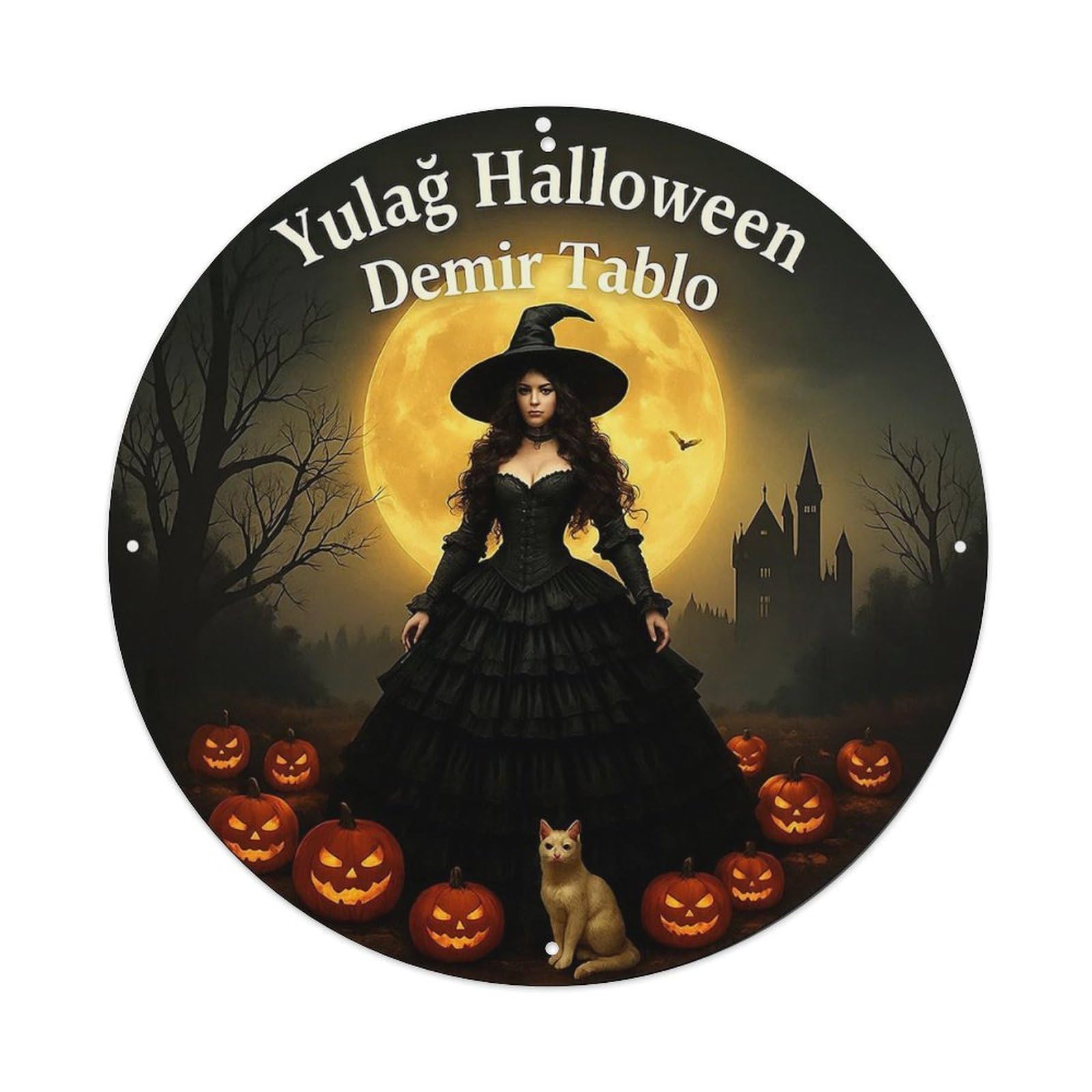 Witch Moon Castle Pumpkins Cat Round Metal Tin Sign Vintage Wall Decor, Bar Garage Cafe Kitchen Home Wall Art Poster 8x8inches