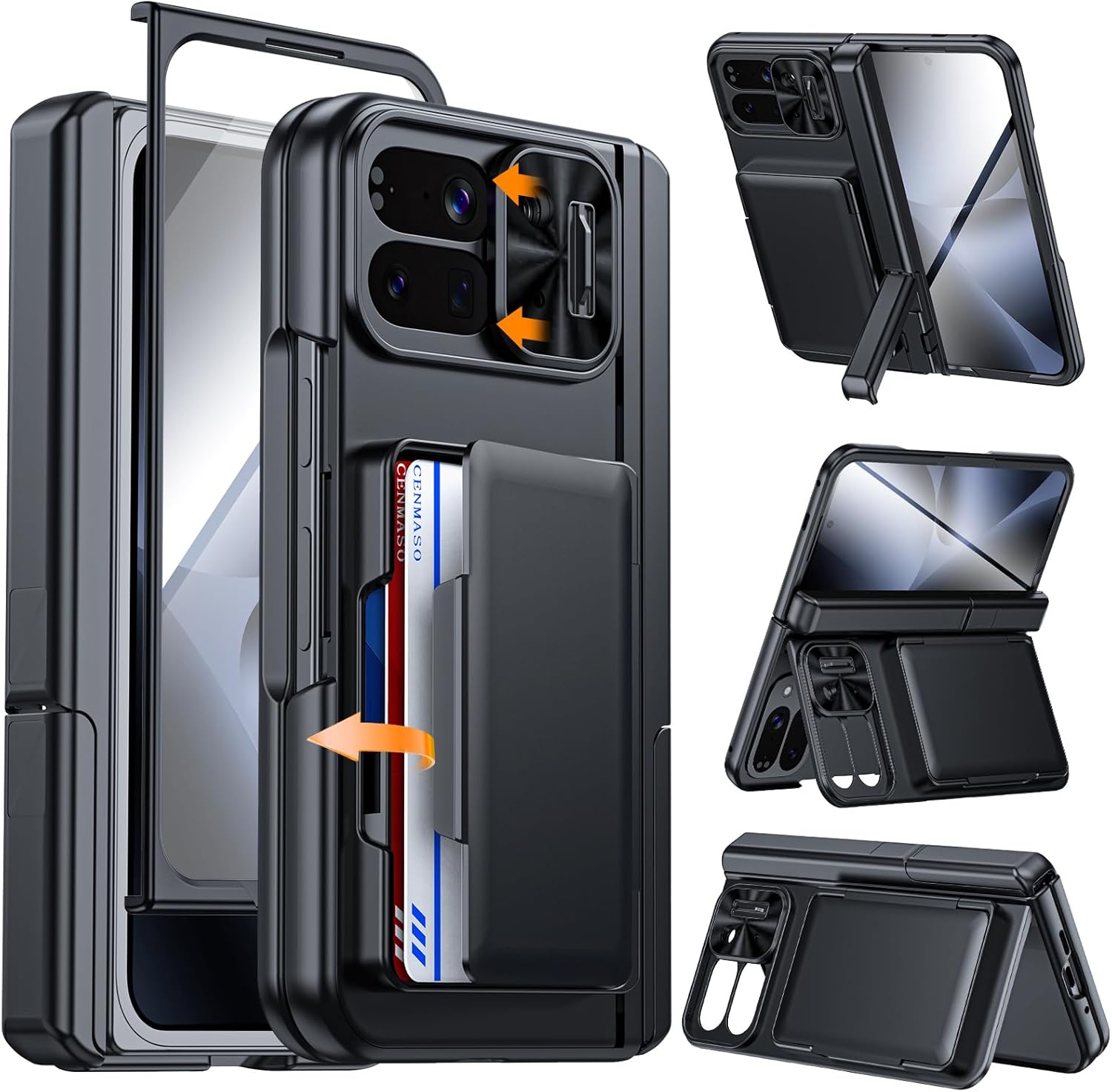 CENMASO for Google Pixel 10 Pro Fold Case with Card Holder [RFID Blocking] Camera Cover, Hinge Protection, Dual Hidden Kickstand, Screen Protector, Shockproof Phone Case for Pixel 10 Pro Fold (Black)