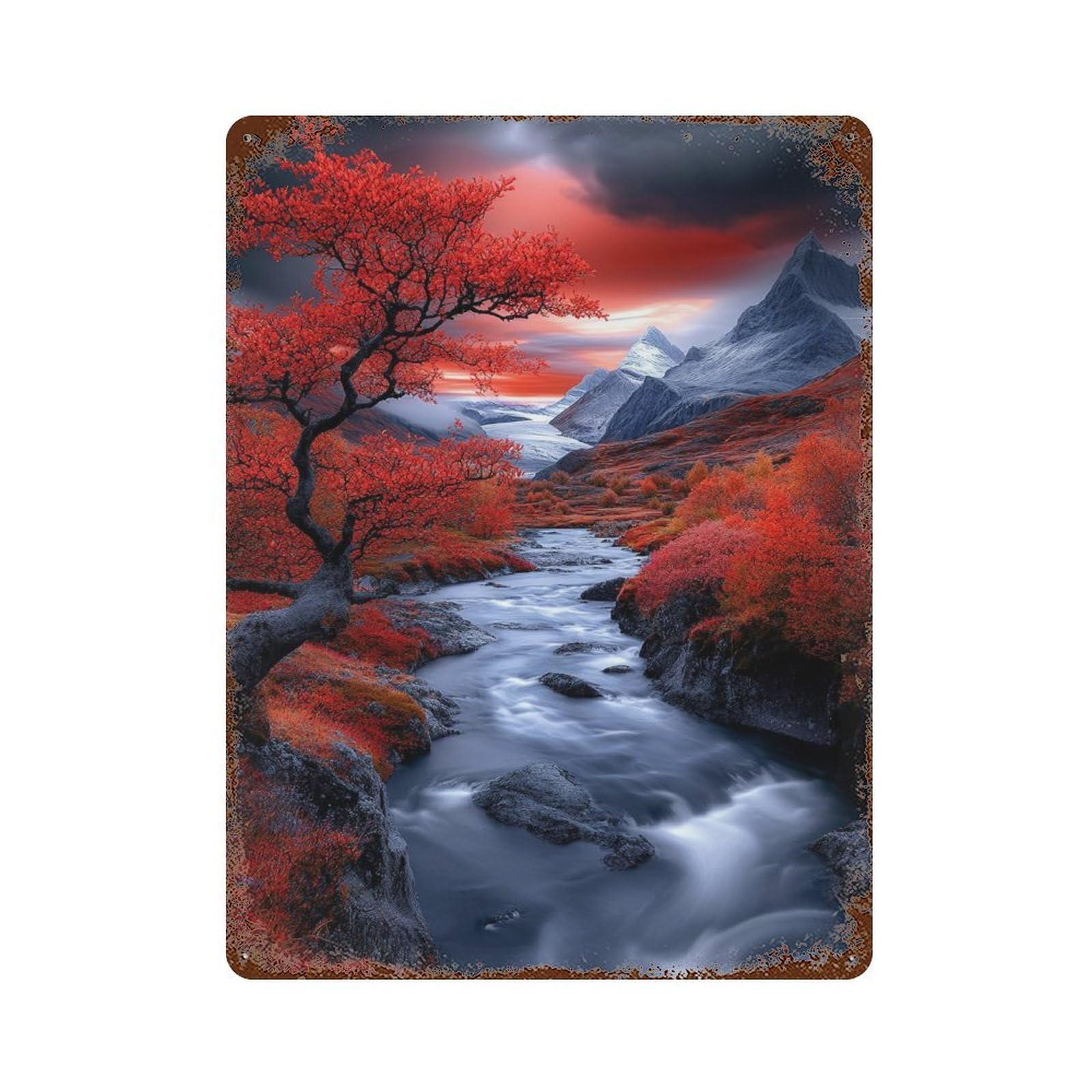 Autumnal Mountain Stream 15.7"x11.8" Distressed Metal Wall Sign, Retro Wall Decor for Garage, Bar And Workshop Decor