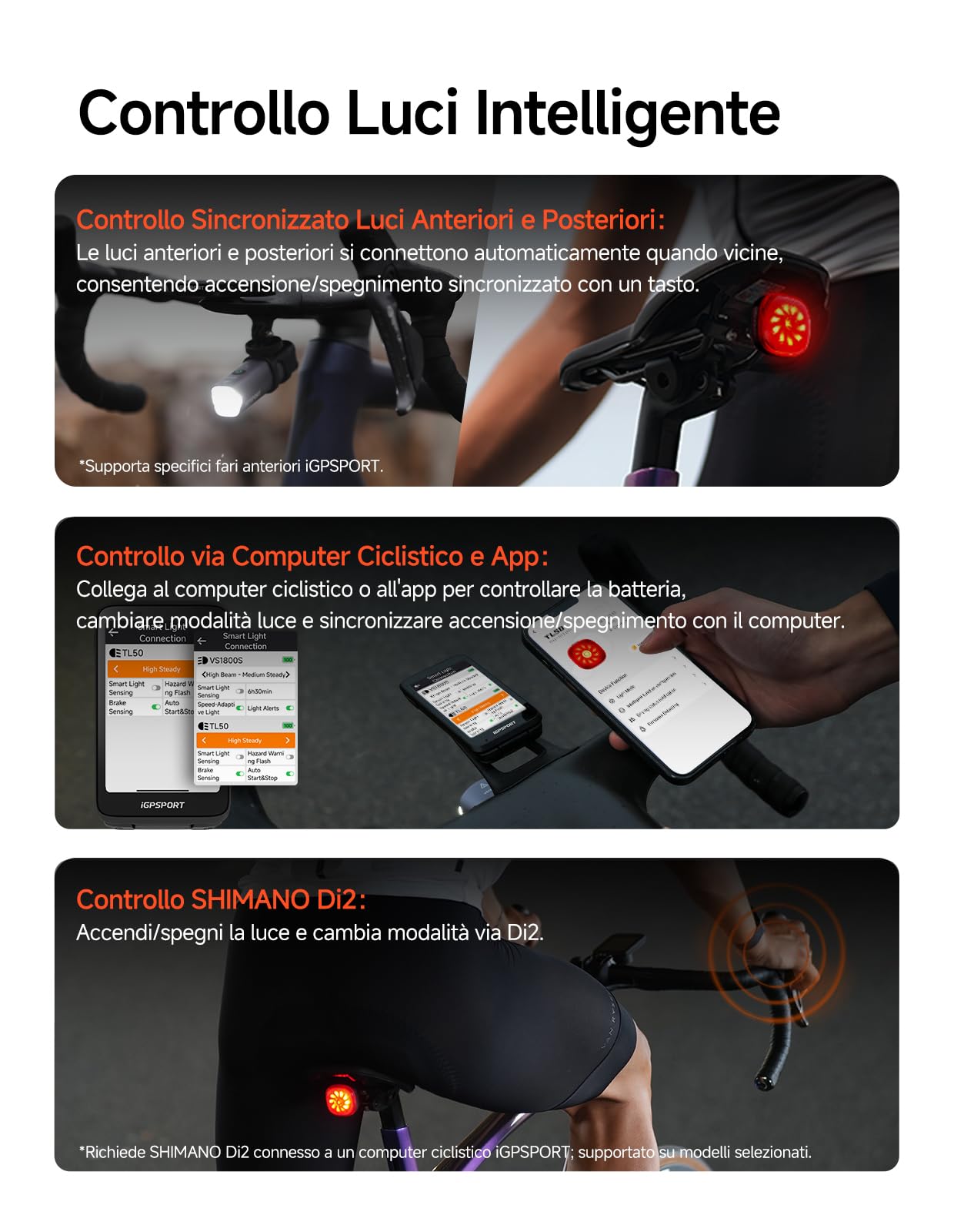 iGPSPORT TL50 Luci Bicicletta led, Ricaricabile Tramite USB-C, Sensore Freno, Luci Bici ad alta Luminosità da 1,2 km, 6 Modalità di Illuminazione, IPX7