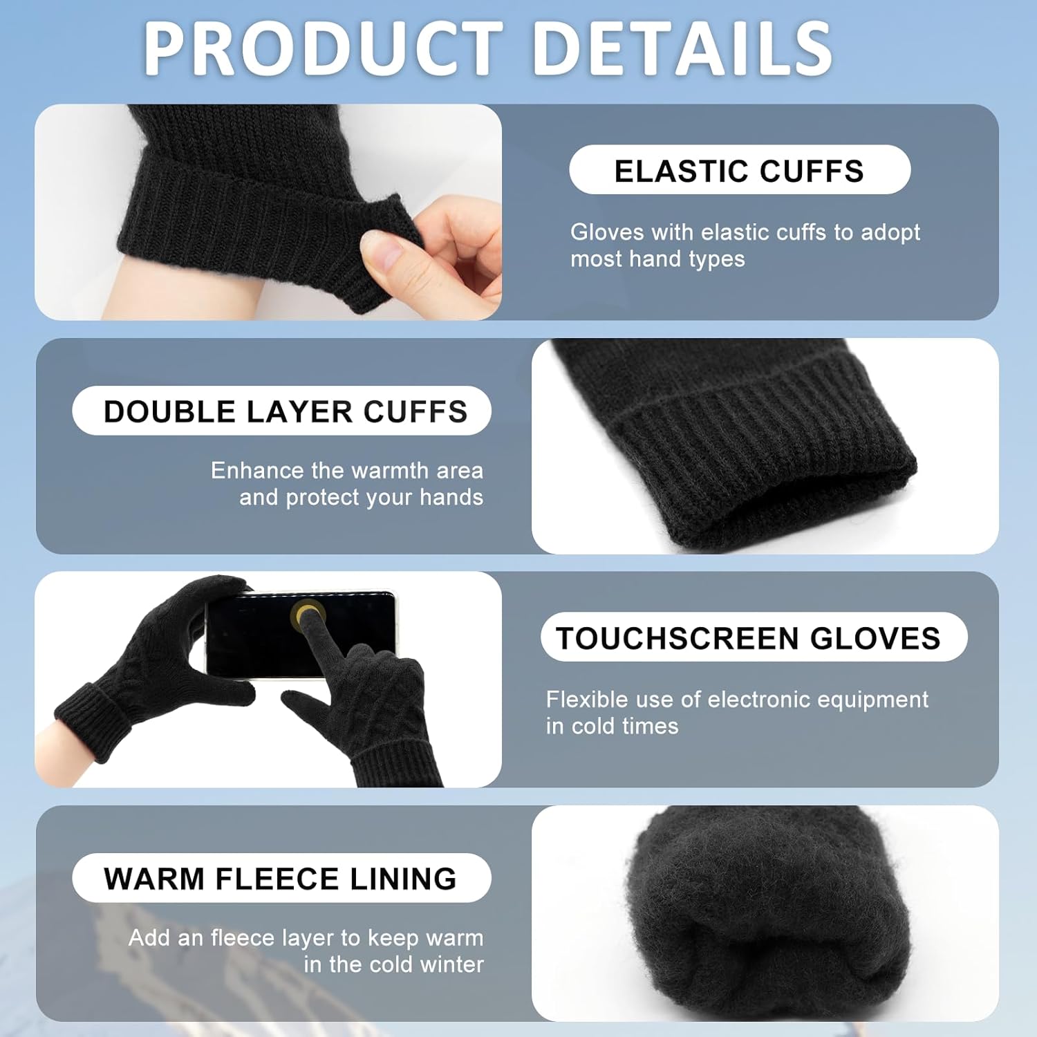 YAMEIZE Winter Gloves for Women Men Touch Screen Gloves Thermal Warm Long Heated Knit for Cold Weather Driving Skiing - Image 3