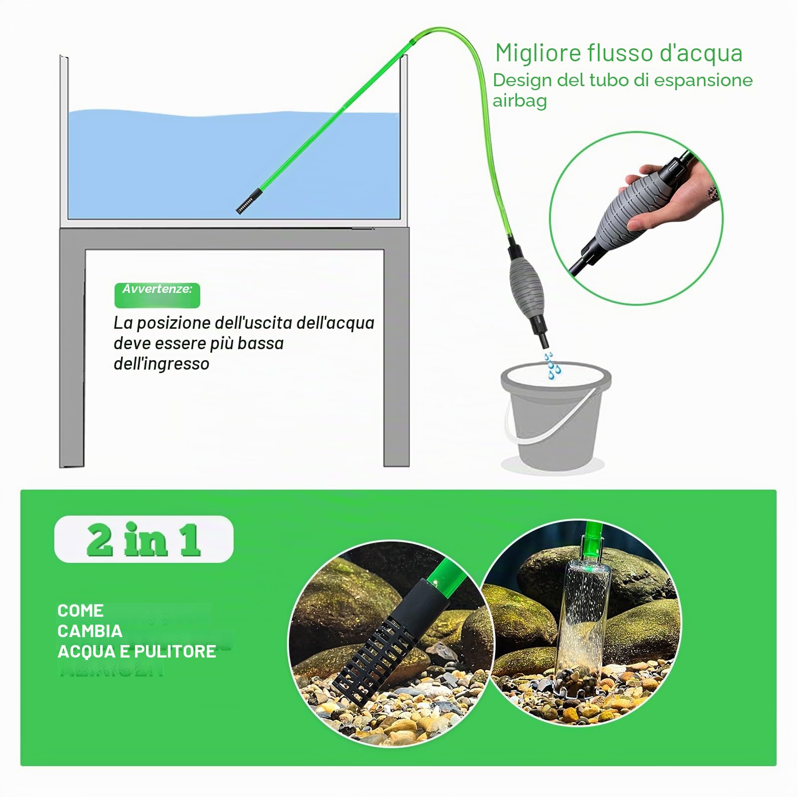 Cambio d'Acqua per Acquario, Detergente per Ghiaia per acquari Kit con sifone, vestito per il cambio dell'acqua dell'acquario e la pulizia della sabbia dell'acquario
