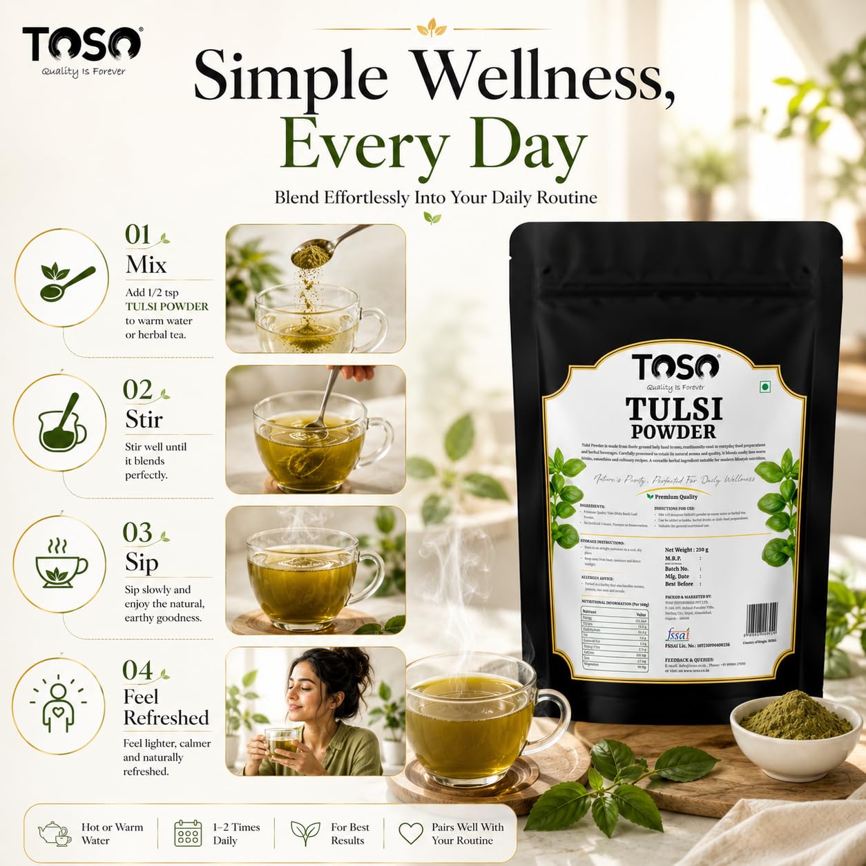TOSO 100% Pure Tulsi Powder 250g | Fine Ground Holy Basil Leaf Herbal Tea & Kadha Supplement | High Immunity & Cold Care | Pure Organic Ocimum Sanctum Leaves Powder | Pack of 1 — Amazon image 5