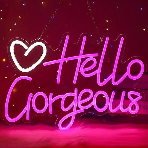 Miniatura 3 de Letreros de neón con texto en inglés Hello Gorgeous para decoración de pared, luz nocturna, luz LED rosa brillante, letra blanca neón, corazón, luz