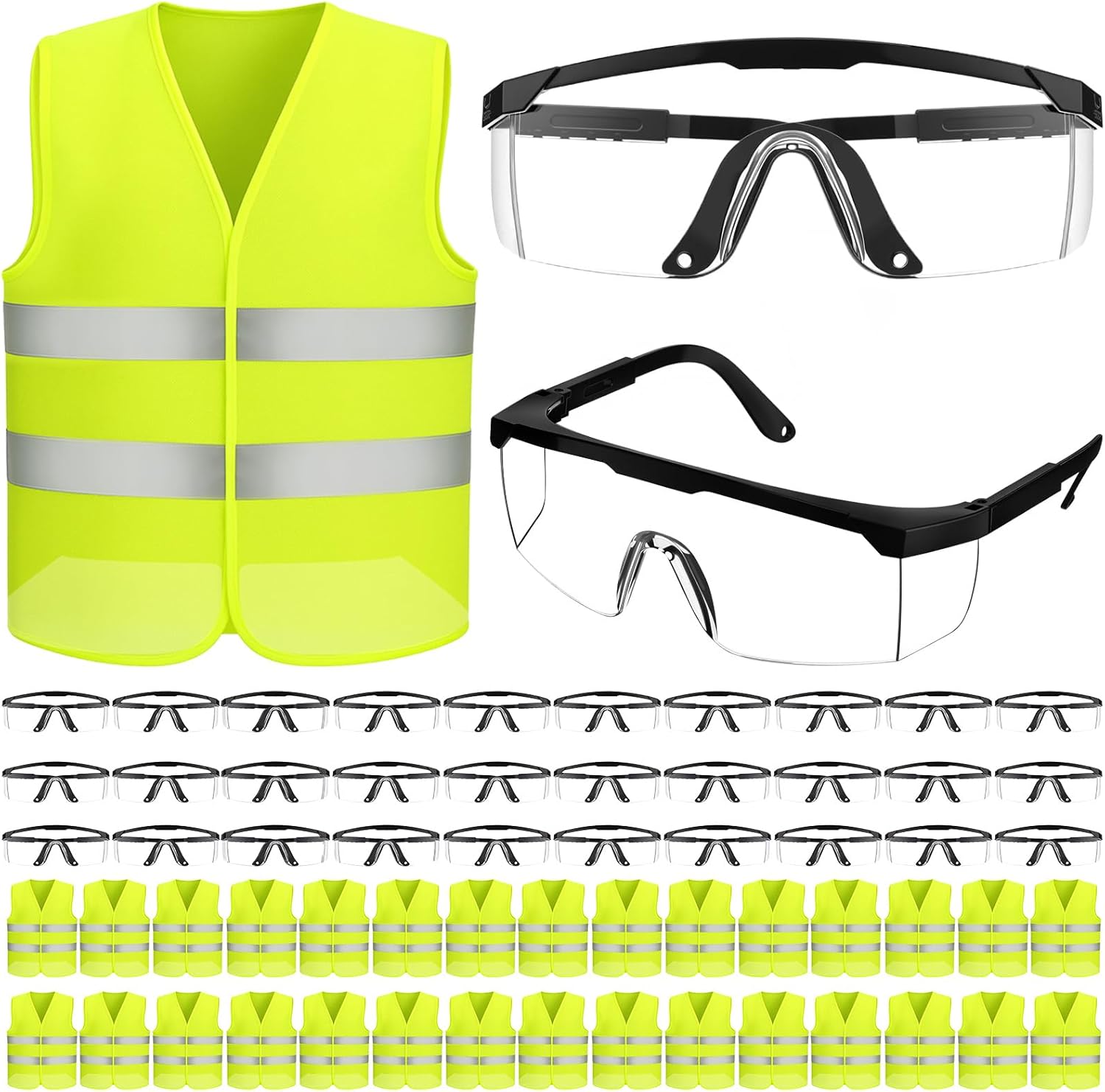 Treela 30 Pcs High Visibility Safety Vest Bulk Green Reflective Mesh Security Vest with Silver Strip and 30 Pcs Safety Goggles Anti-Fog Adjustable Temples Anti-Splash Men Women Work Construction
