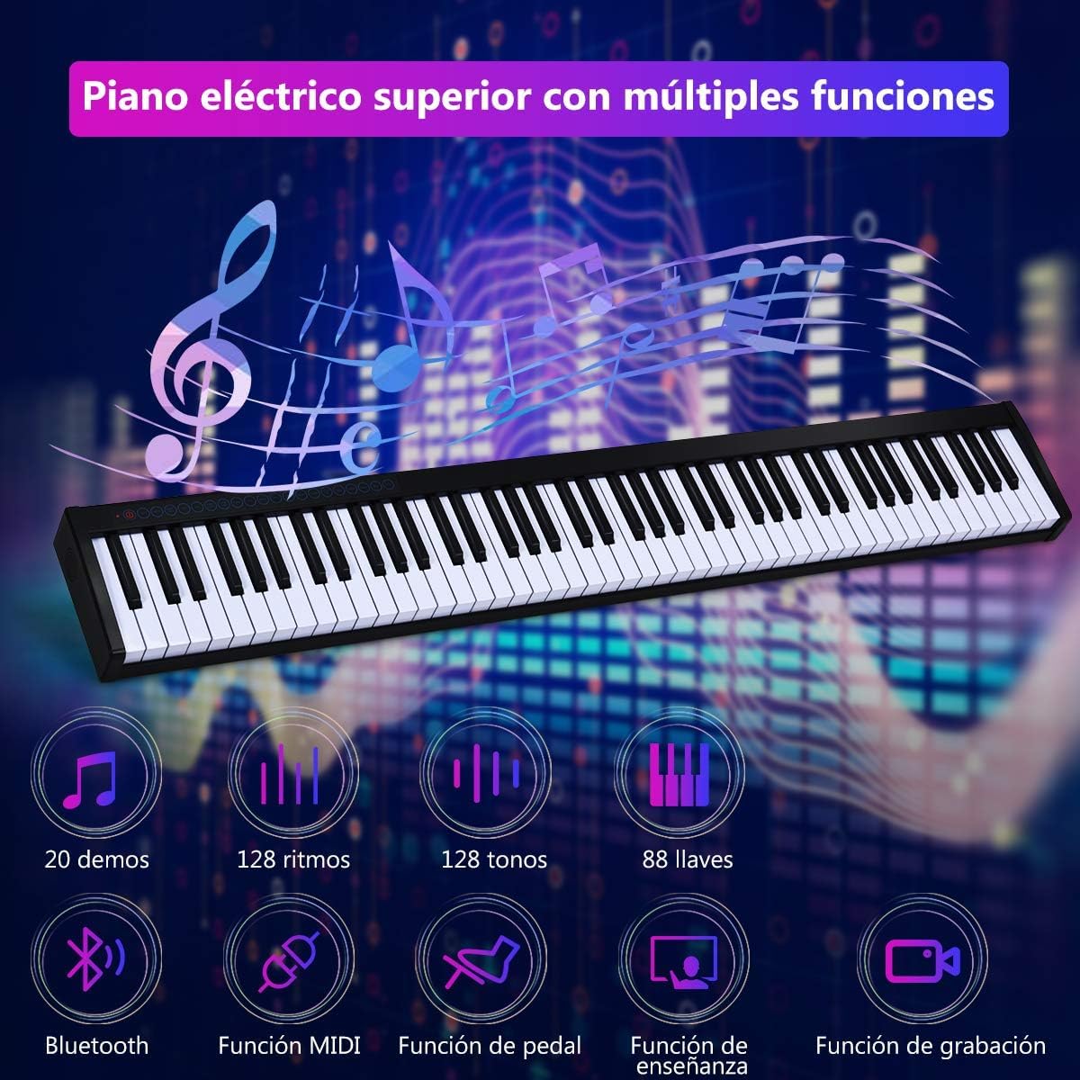 GOPLUS Piano Digital 88 Teclas Portátil, Piano Electrónico Teclado con Función MIDI Bluetooth, 128 Tonos, 128 Ritmos, Pedal y Bolsa de Transporte, Piano Multifuncional para Niños y Principiantes