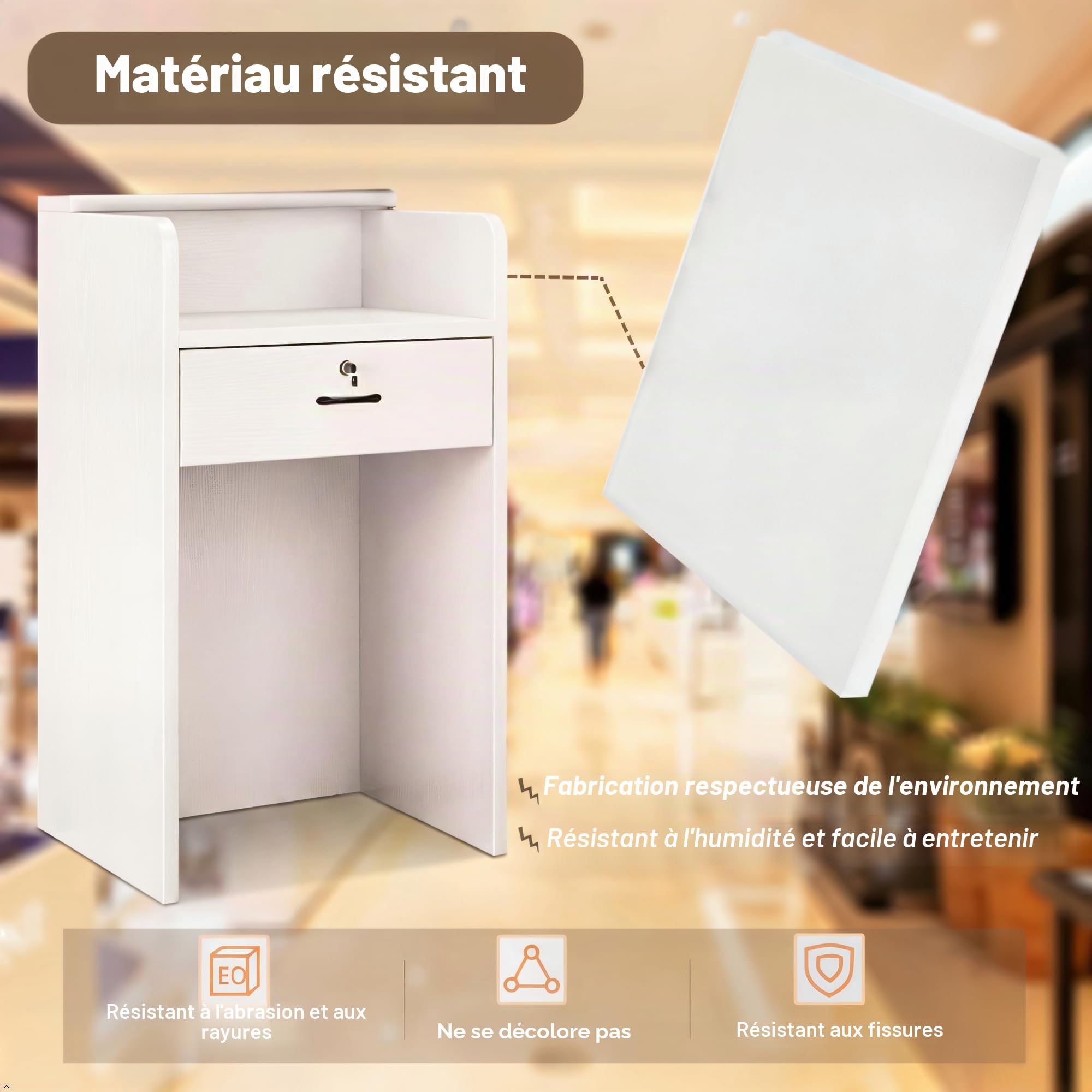 Petit comptoir de réception en bois avec lumière LED, comptoir moderne avec tiroir verrouillable, comptoir blanc pour magasin de vêtements, lobby, salon de beauté (blanc, 60 x 40 x 96 cm)